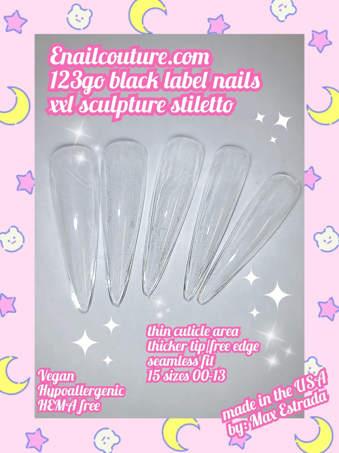 123go Black Label Nails Sculpture Stiletto XXL (Soft Gel Nail Tips- Clear Cover Full Nail Extensions - Pre-shaped Acrylic False Gelly Nail Tips 15 Sizes for DIY Salon Nail Extensions)