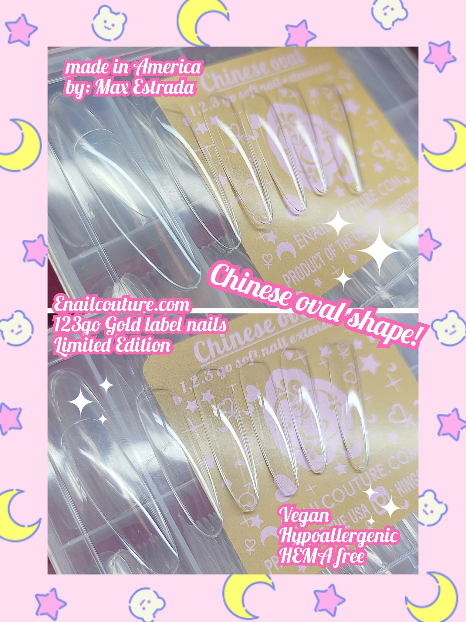 123go Gold Label Nails Chinese Oval (Soft Gel Nail Tips- Clear Cover Full Nail Extensions - Pre-shaped Acrylic False Gelly Nail Tips 12 Sizes for DIY Salon Nail Extensions)