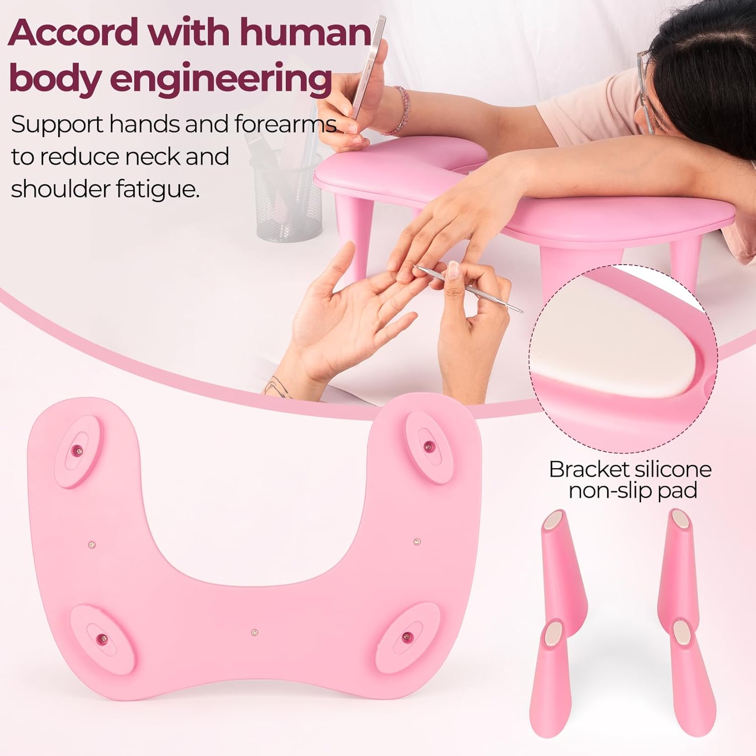 Pro Max Arm Rest (Arm Rest for Nails Tech: Big U-shaped Nail Arm Rest Extended Support Surface Armrest Pillow Cushion for Nail Hand Rest with Stable Brackets for Nail Tech Must Haves Manicure Tools Pink)