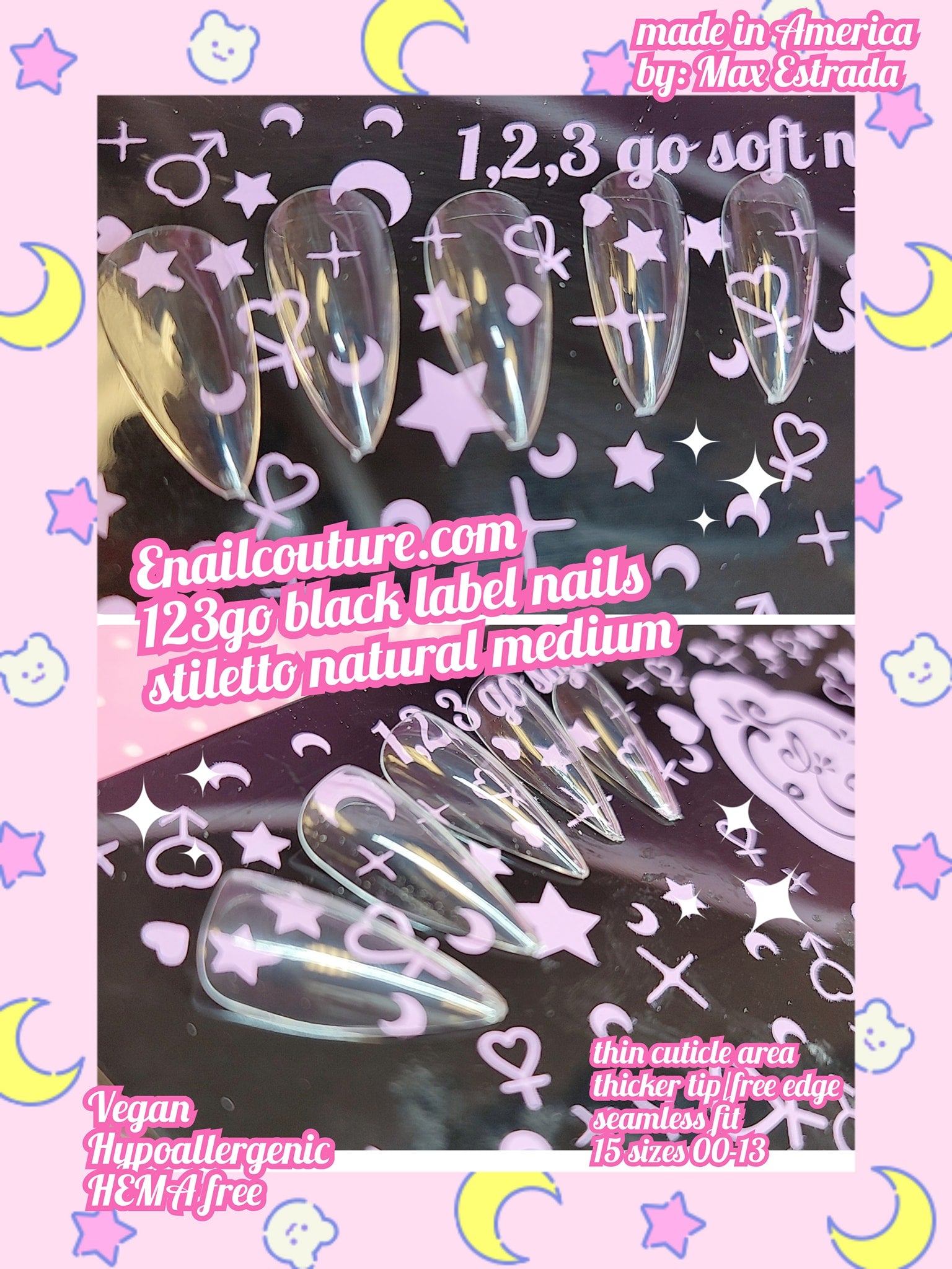 123go Black Label Nails Stiletto Natural M (Soft Gel Nail Tips- Clear Cover Full Nail Extensions - Pre-shaped Acrylic False Gelly Nail Tips 15 Sizes for DIY Salon Nail Extensions)