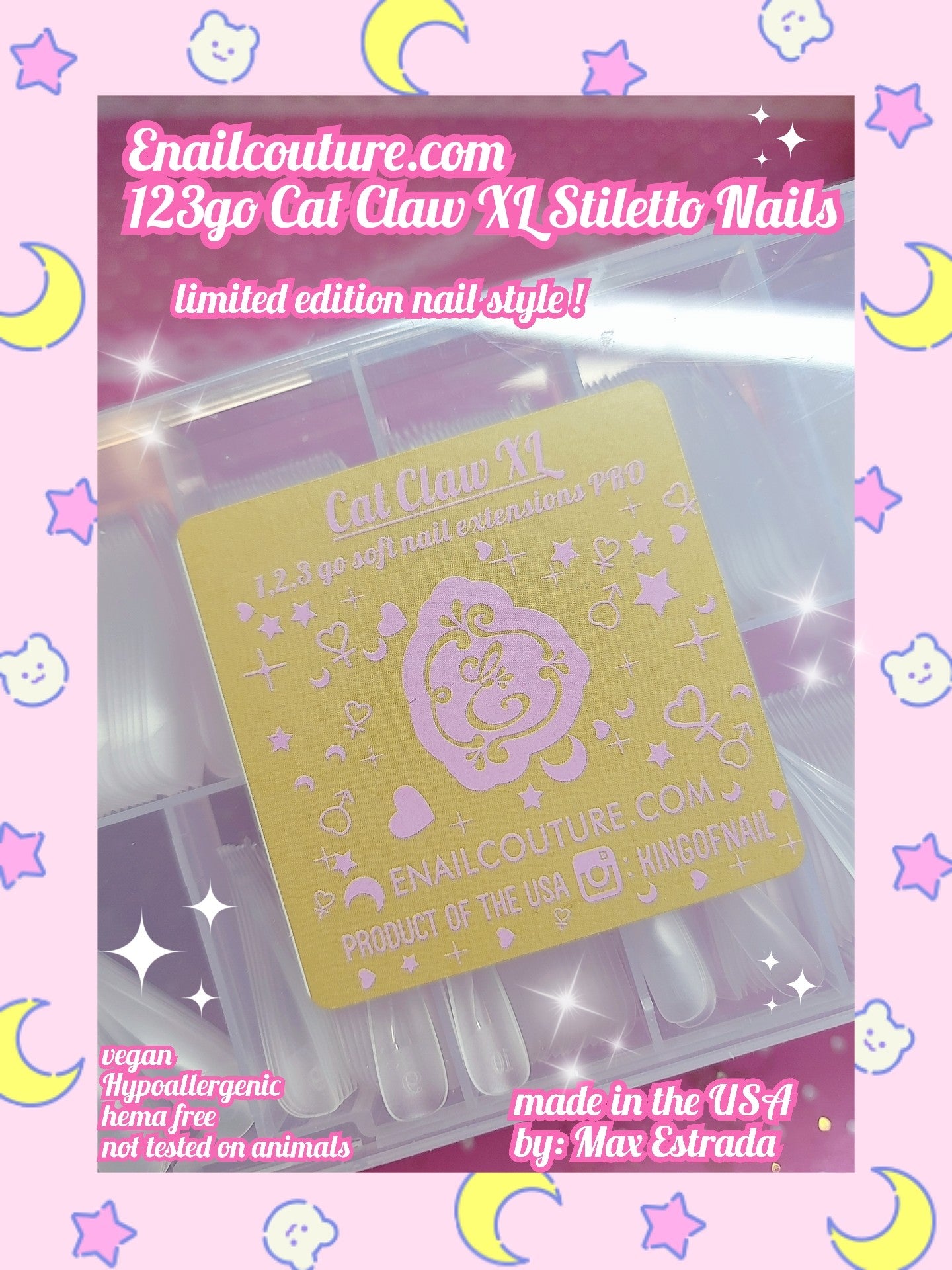 Cat Claw XL Stiletto 123go nails (Soft Gel Nail Tips- Clear Cover Full Nail Extensions - Pre-shaped Acrylic False Gelly Nail Tips 12 Sizes for DIY Salon Nail Extensions)