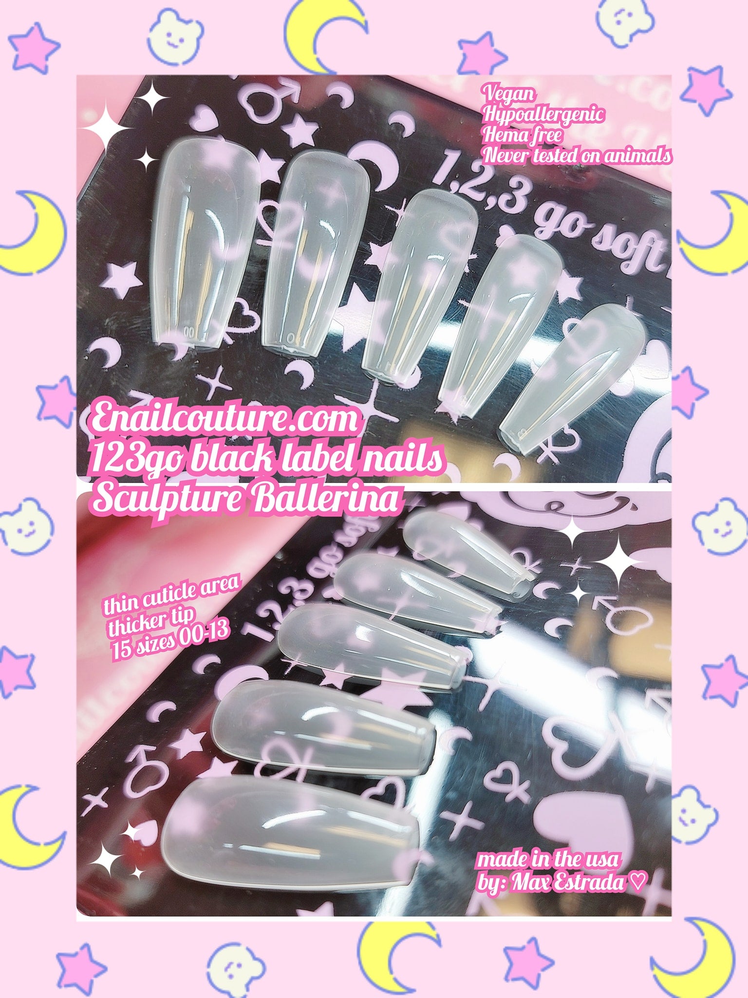 123go Black Label Nails Sculpture Ballerina  (Soft Gel Nail Tips- Clear Cover Full Nail Extensions - Pre-shaped Acrylic False Gelly Nail Tips 15 Sizes for DIY Salon Nail Extensions)