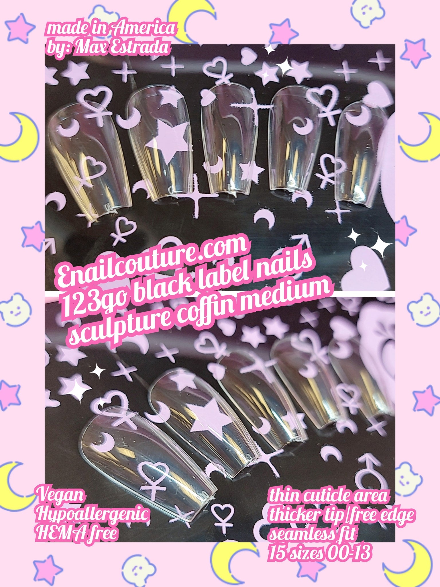 123go Black Label Nails Sculpture Coffin M (Soft Gel Nail Tips- Clear Cover Full Nail Extensions - Pre-shaped Acrylic False Gelly Nail Tips 15 Sizes for DIY Salon Nail Extensions)