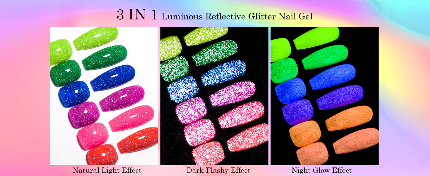 Rainbow Flash Gels!~ (Luminous Reflective Gel Polish, Glow in Dark Gel Nail Polish, Reflective Glitter Nail Polish with Nail Brush, Neon Color Shiny Disco Luminous Polish for Manicure Nail Art Salon)