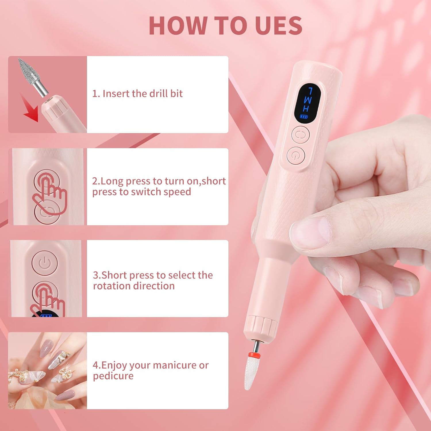 DIY PRO  Nail drill !~ ( Nail Drill Kit,USB Manicure Pen Sander Polisher With 6 Pieces Changeable Drills And Sand Bands for Exfoliating, Grinding, Polishing, Nail Removing, Acrylic Nail Tools )