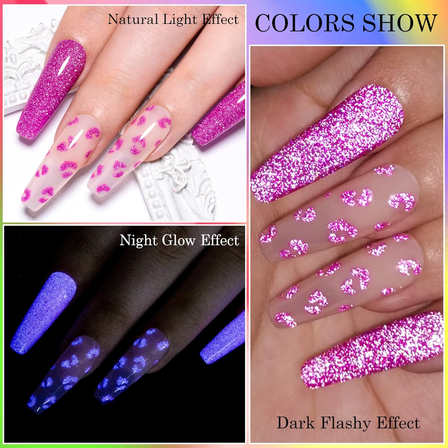 Rainbow Flash Gels!~ (Luminous Reflective Gel Polish, Glow in Dark Gel Nail Polish, Reflective Glitter Nail Polish with Nail Brush, Neon Color Shiny Disco Luminous Polish for Manicure Nail Art Salon)