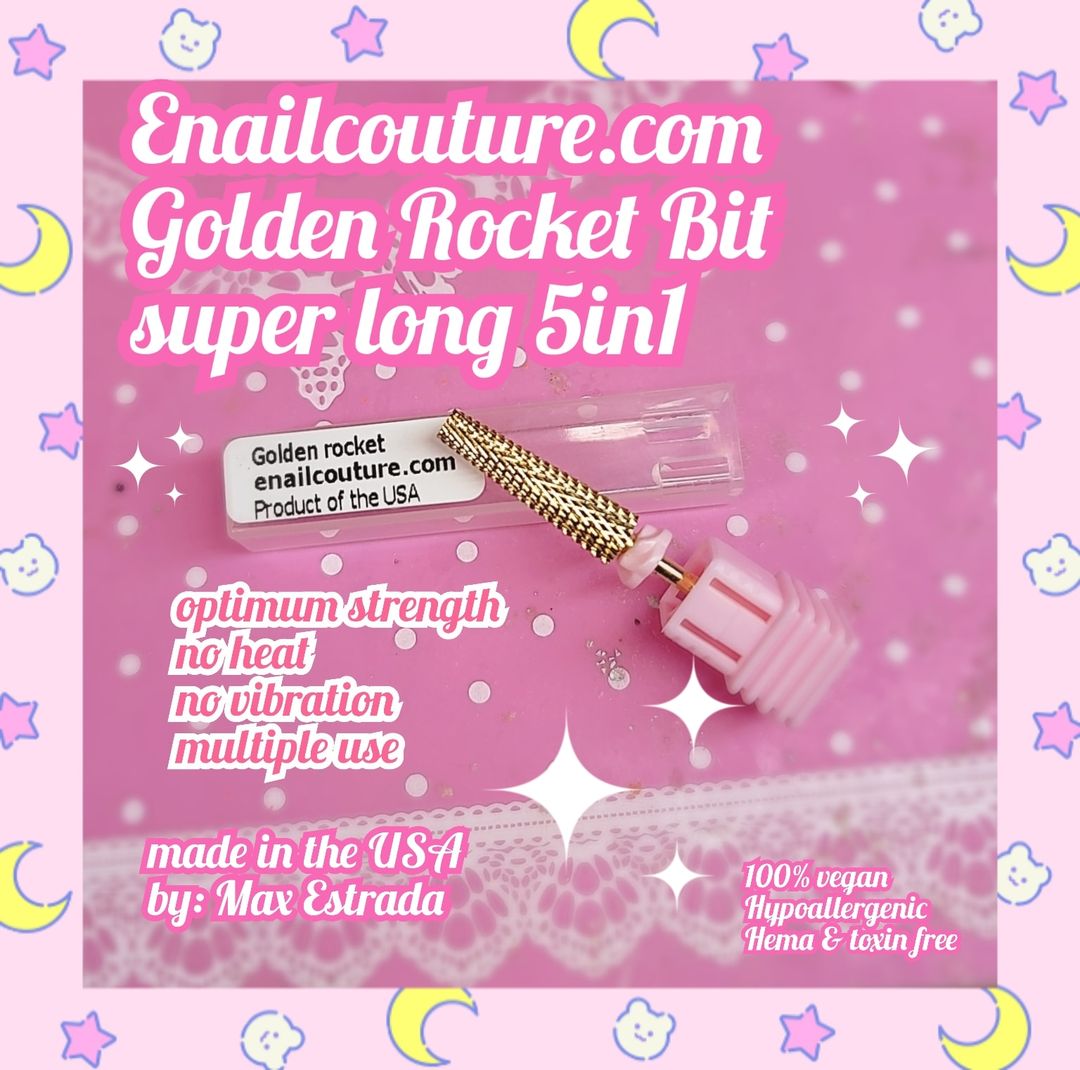 Golden Rocket!~ Drill Bit (Super Long 5 in 1 Nail Drill Bits, 3/32'' Carbide Tungsten Bits, Suitable for Manicure Pedicure Cuticle Gel Polishing, Professional Advanced Bits, Gold, Series Bit-X, Medium)