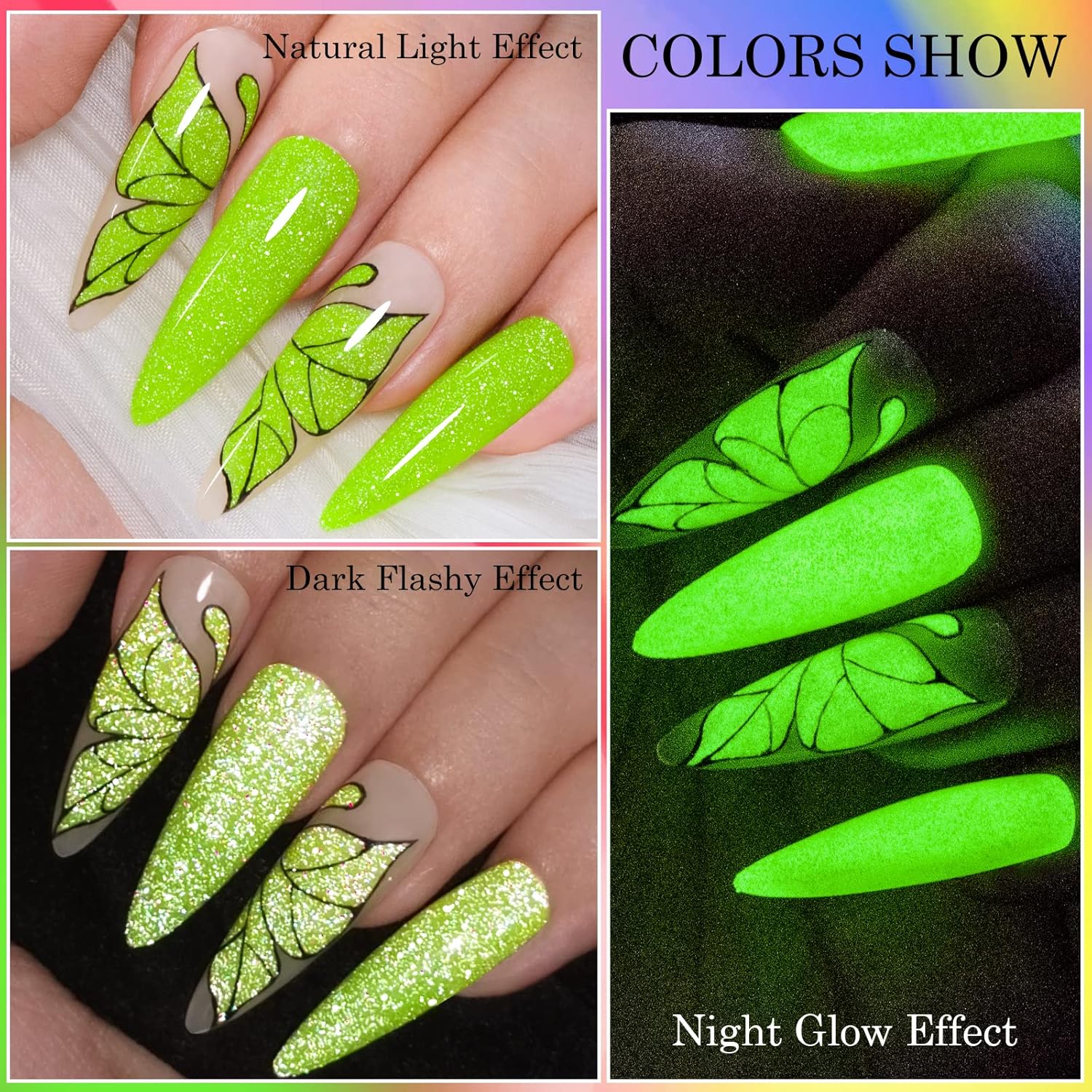 Rainbow Flash Gels!~ (Luminous Reflective Gel Polish, Glow in Dark Gel Nail Polish, Reflective Glitter Nail Polish with Nail Brush, Neon Color Shiny Disco Luminous Polish for Manicure Nail Art Salon)
