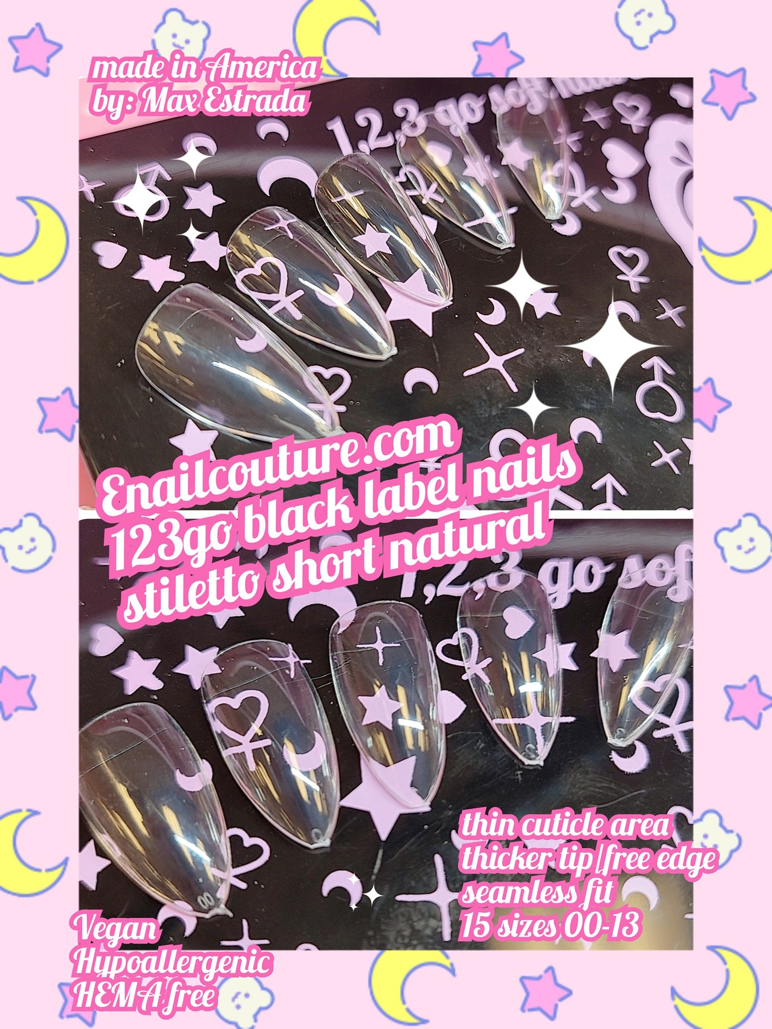 123go Black Label Nails Stiletto Natural S (Soft Gel Nail Tips- Clear Cover Full Nail Extensions - Pre-shaped Acrylic False Gelly Nail Tips 15 Sizes for DIY Salon Nail Extensions)