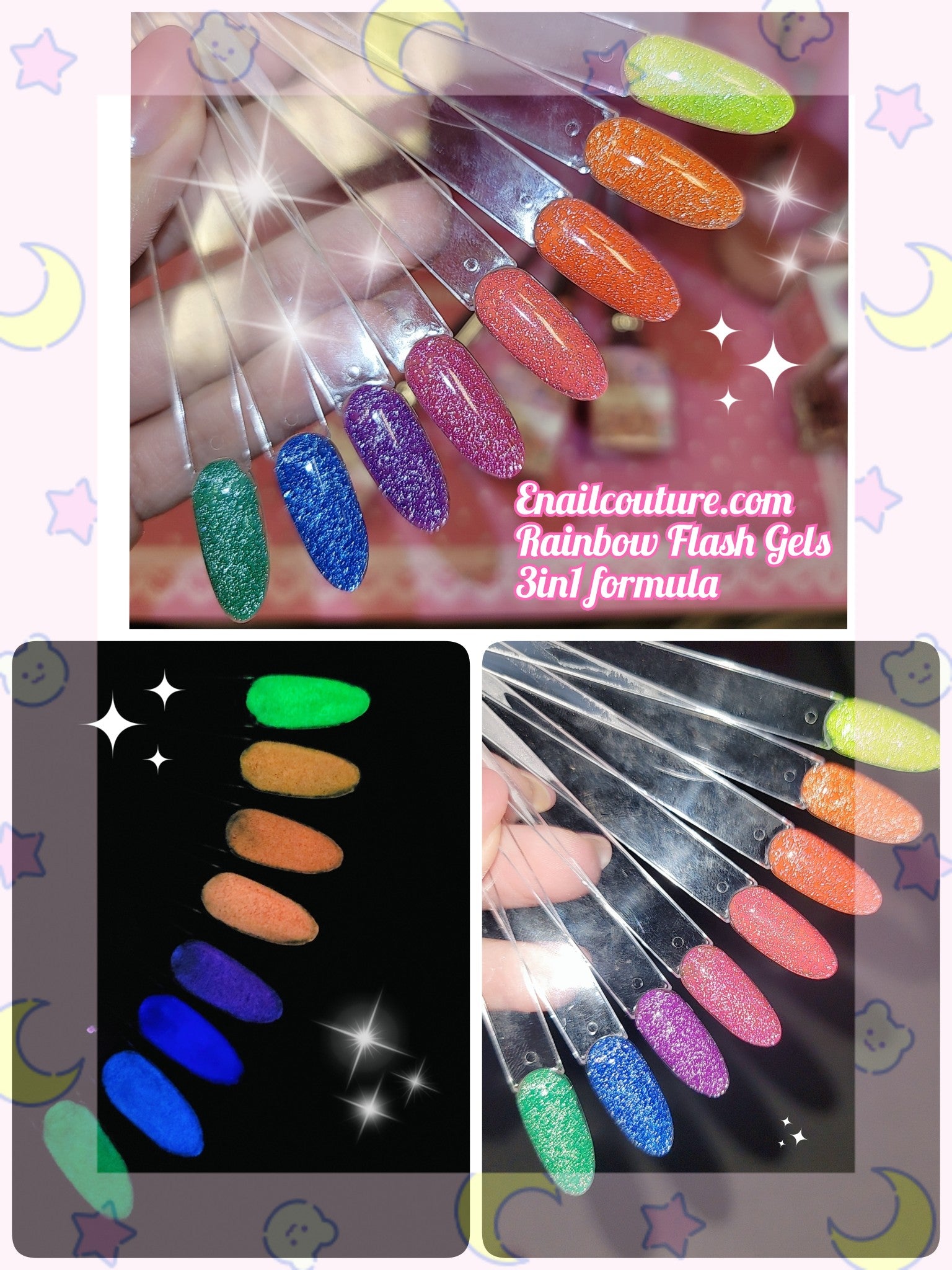 Rainbow Flash Gels!~ (Luminous Reflective Gel Polish, Glow in Dark Gel Nail Polish, Reflective Glitter Nail Polish with Nail Brush, Neon Color Shiny Disco Luminous Polish for Manicure Nail Art Salon)