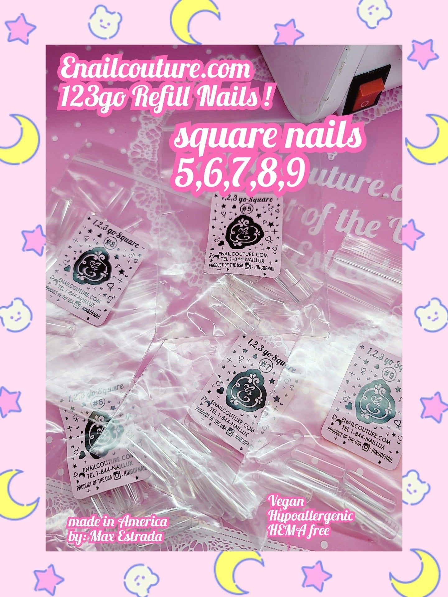 123go Refill  Nails Square (Soft Gel Nail Tips- Clear Cover Full Nail Extensions - Pre-shaped Acrylic False Gelly Nail Tips Refill Sizes for DIY Salon Nail Extensions)