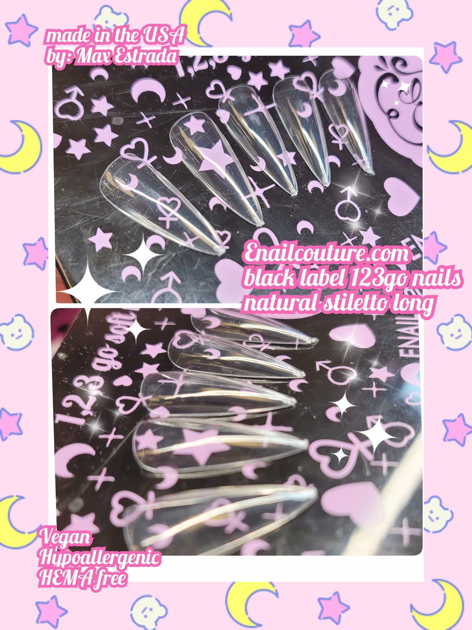 123go Black Label Nails Natural Stiletto Long (Soft Gel Nail Tips- Clear Cover Full Nail Extensions - Pre-shaped Acrylic False Gelly Nail Tips 15 Sizes for DIY Salon Nail Extensions)