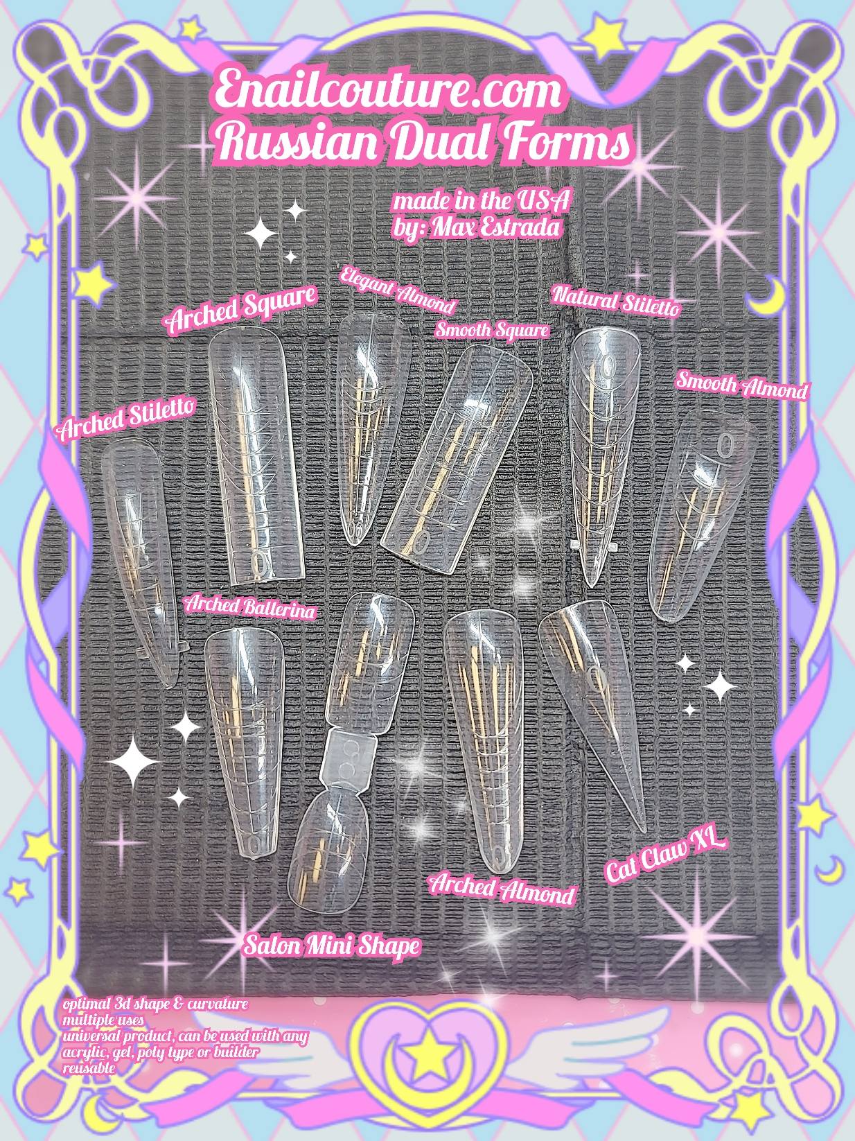 Russian Dual Forms!~ (Dual Nail Forms,Pointed Shape Extension Poly Nail Gel Nail Forms Full Cover Nail Molds 12 Sizes for Solid Nail Gel Glue Nail Art Design Salon)