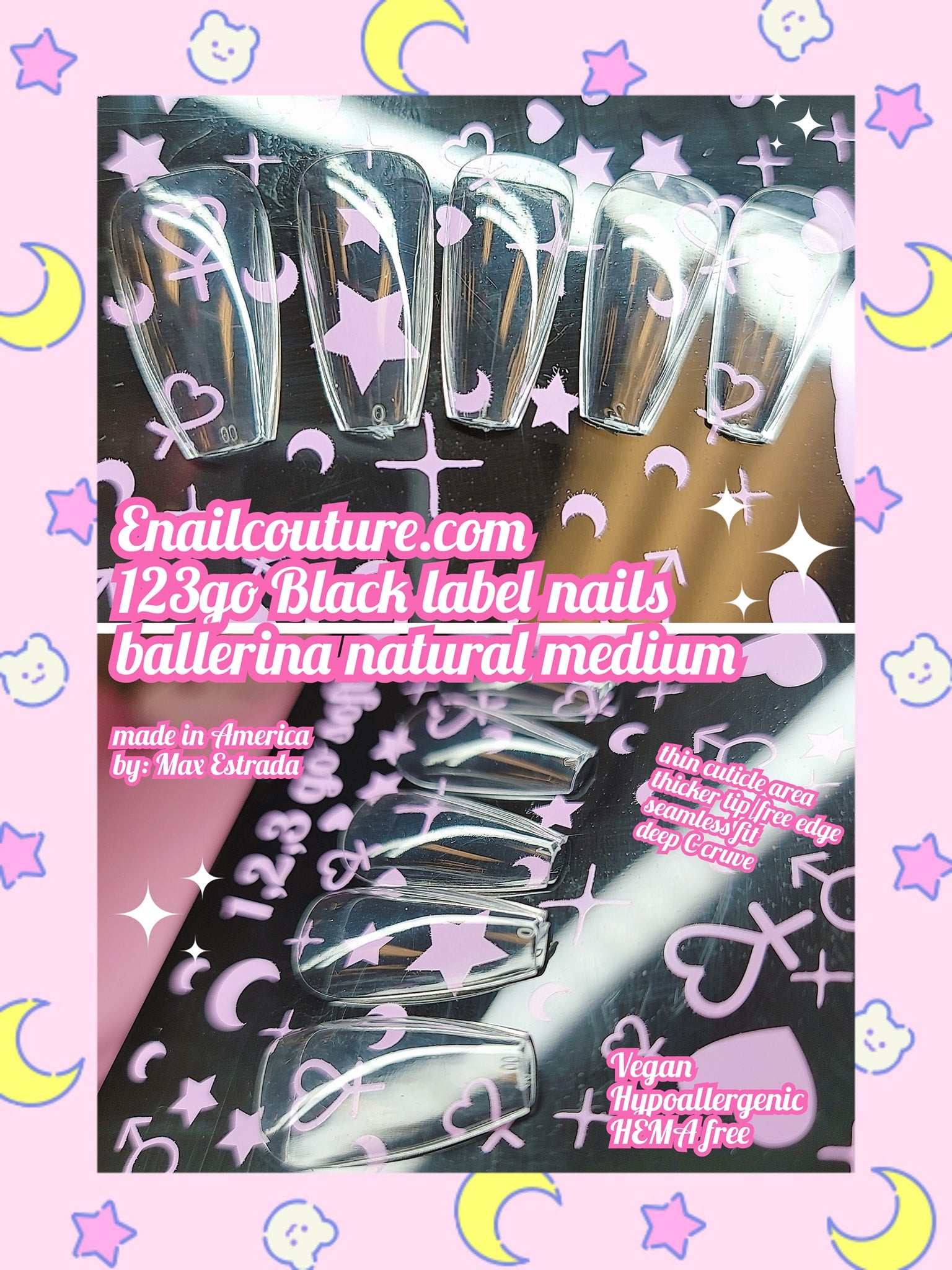 123go Black Label Nails Ballerina Natural Medium  (Soft Gel Nail Tips- Clear Cover Full Nail Extensions - Pre-shaped Acrylic False Gelly Nail Tips 15 Sizes for DIY Salon Nail Extensions)