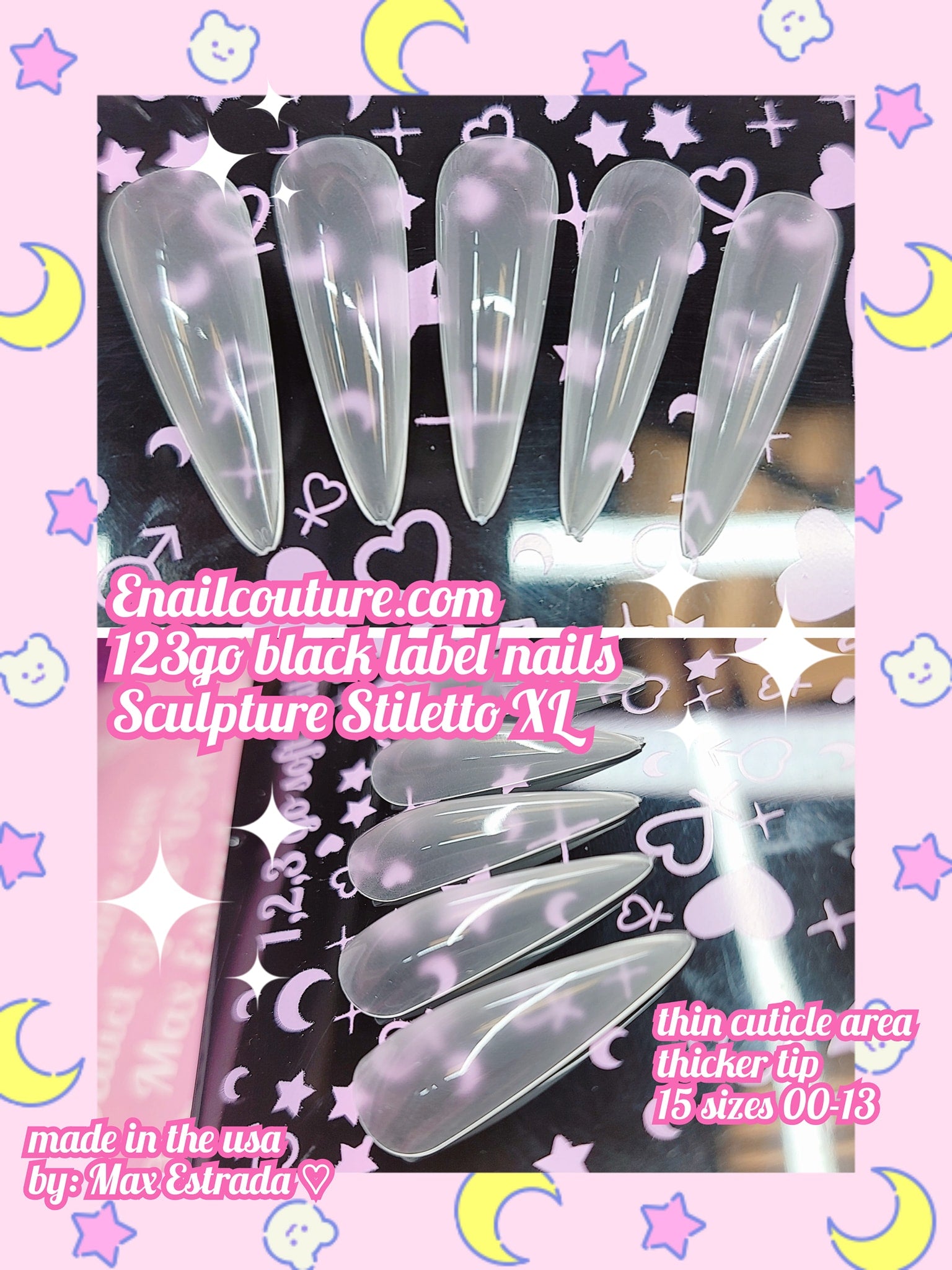 123go Black Label Nails Sculpture Stiletto XL (Soft Gel Nail Tips- Clear Cover Full Nail Extensions - Pre-shaped Acrylic False Gelly Nail Tips 15 Sizes for DIY Salon Nail Extensions)