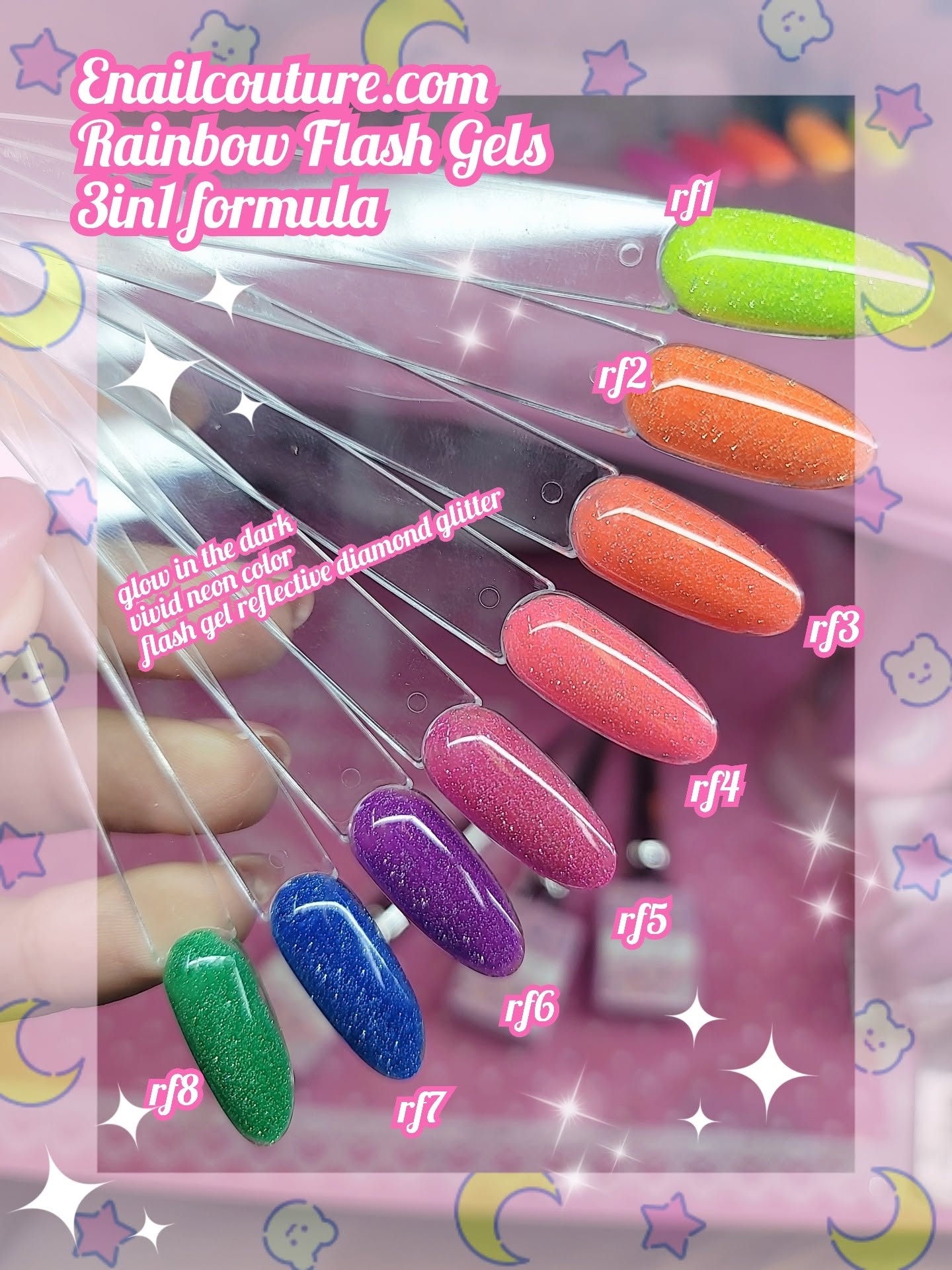 Rainbow Flash Gels!~ (Luminous Reflective Gel Polish, Glow in Dark Gel Nail Polish, Reflective Glitter Nail Polish with Nail Brush, Neon Color Shiny Disco Luminous Polish for Manicure Nail Art Salon)