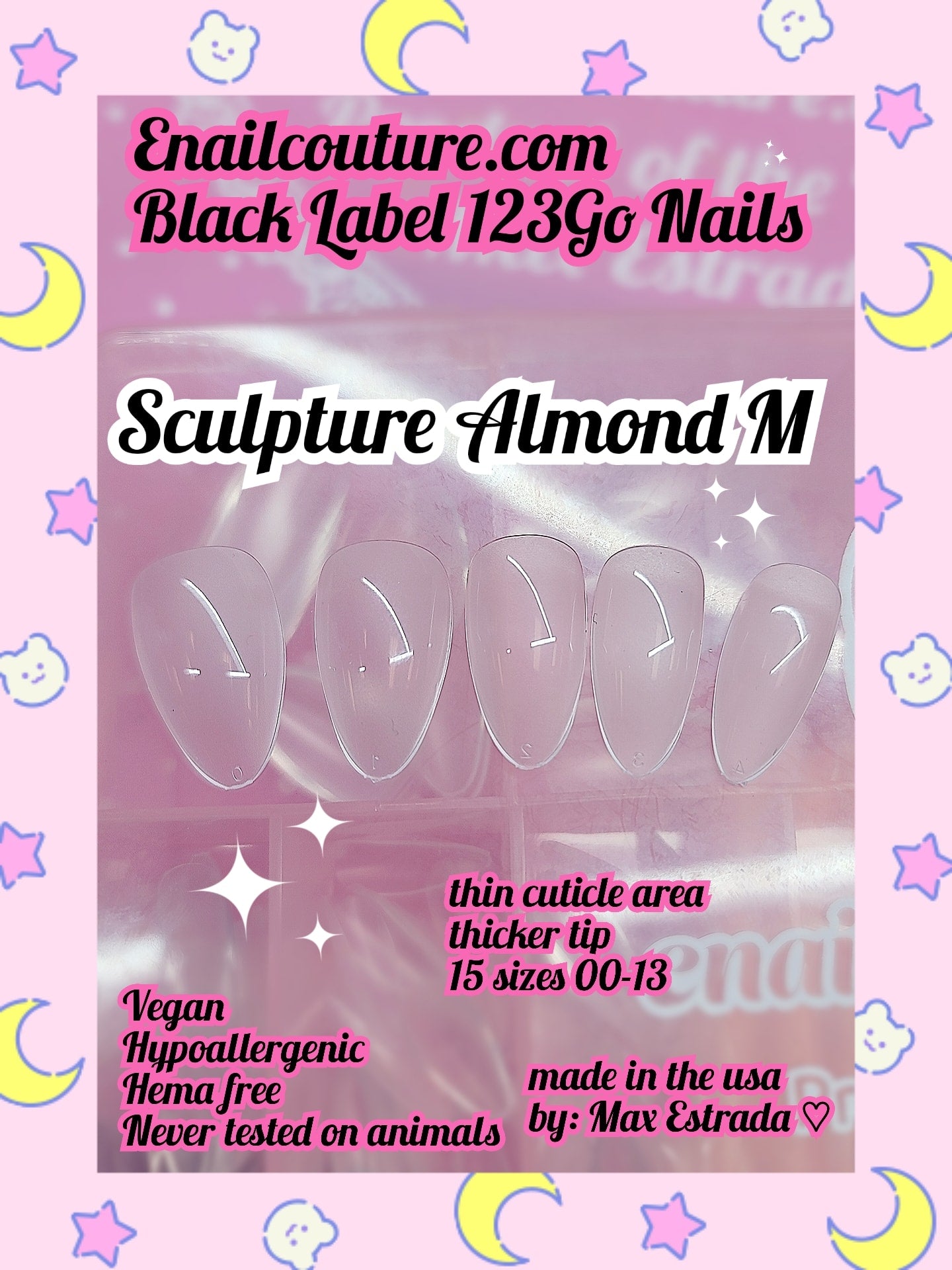 123go Black Label Nails Sculpture Almond M  (Soft Gel Nail Tips- Clear Cover Full Nail Extensions - Pre-shaped Acrylic False Gelly Nail Tips 15 Sizes for DIY Salon Nail Extensions)