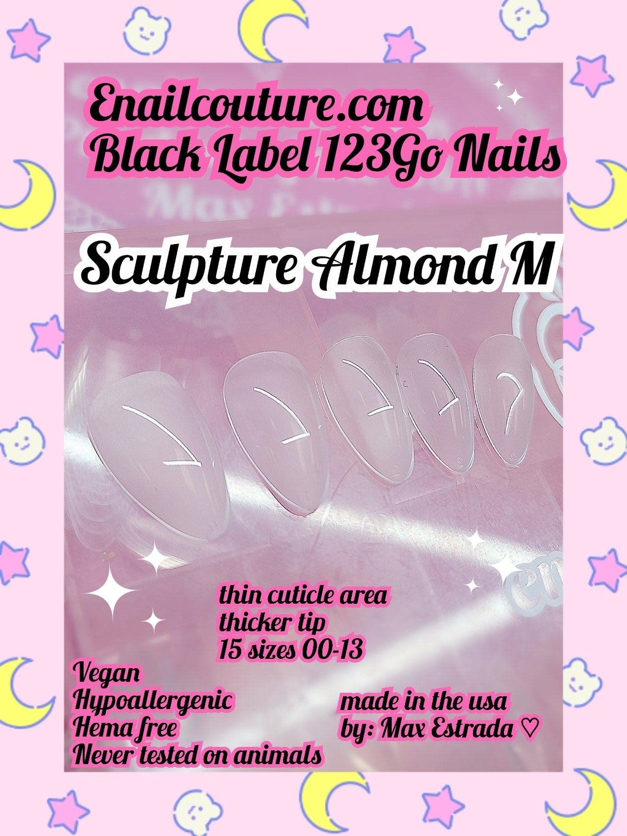 123go Black Label Nails Sculpture Almond M  (Soft Gel Nail Tips- Clear Cover Full Nail Extensions - Pre-shaped Acrylic False Gelly Nail Tips 15 Sizes for DIY Salon Nail Extensions)