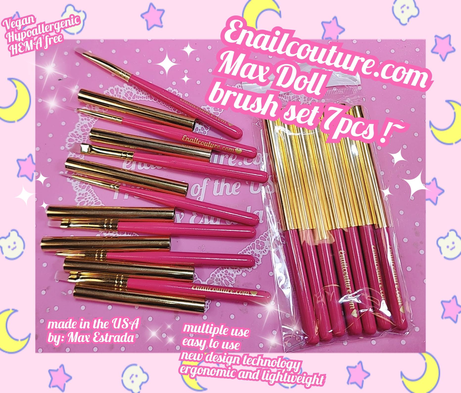 Max Doll Brush Set!~ (Nail Art Brushes, 7Pcs Nail Gel Polish Painting Brush Drawing Pen, Nail Liner Brush)