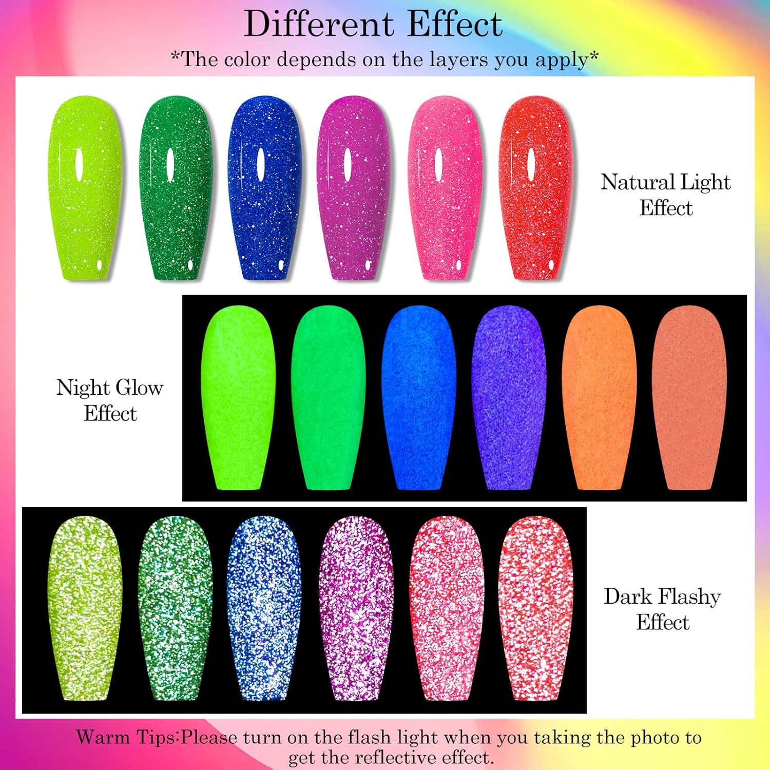 Rainbow Flash Gels!~ (Luminous Reflective Gel Polish, Glow in Dark Gel Nail Polish, Reflective Glitter Nail Polish with Nail Brush, Neon Color Shiny Disco Luminous Polish for Manicure Nail Art Salon)