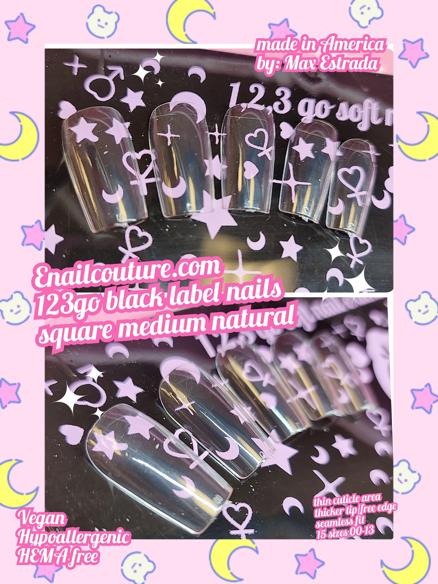 123go Black Label Nails Square Natural M (Soft Gel Nail Tips- Clear Cover Full Nail Extensions - Pre-shaped Acrylic False Gelly Nail Tips 15 Sizes for DIY Salon Nail Extensions)