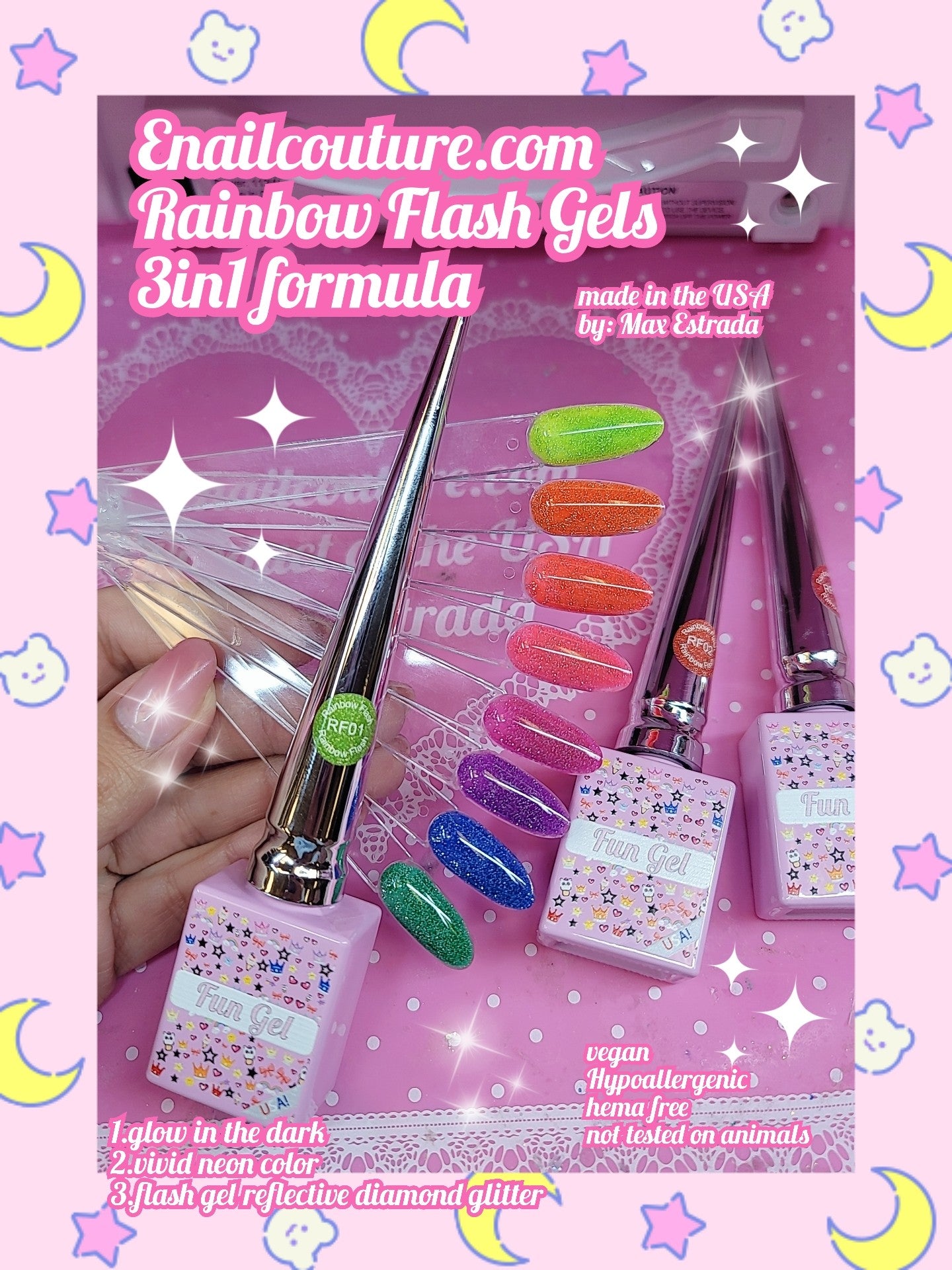 Rainbow Flash Gels!~ (Luminous Reflective Gel Polish, Glow in Dark Gel Nail Polish, Reflective Glitter Nail Polish with Nail Brush, Neon Color Shiny Disco Luminous Polish for Manicure Nail Art Salon)