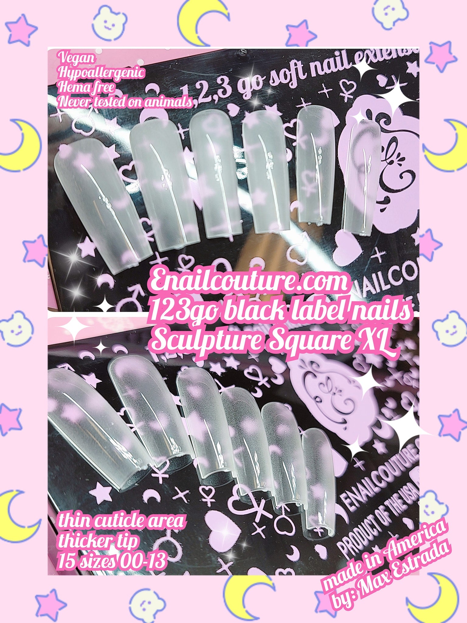 123go Black Label Nails Sculpture Square XL (Soft Gel Nail Tips- Clear Cover Full Nail Extensions - Pre-shaped Acrylic False Gelly Nail Tips 15 Sizes for DIY Salon Nail Extensions)
