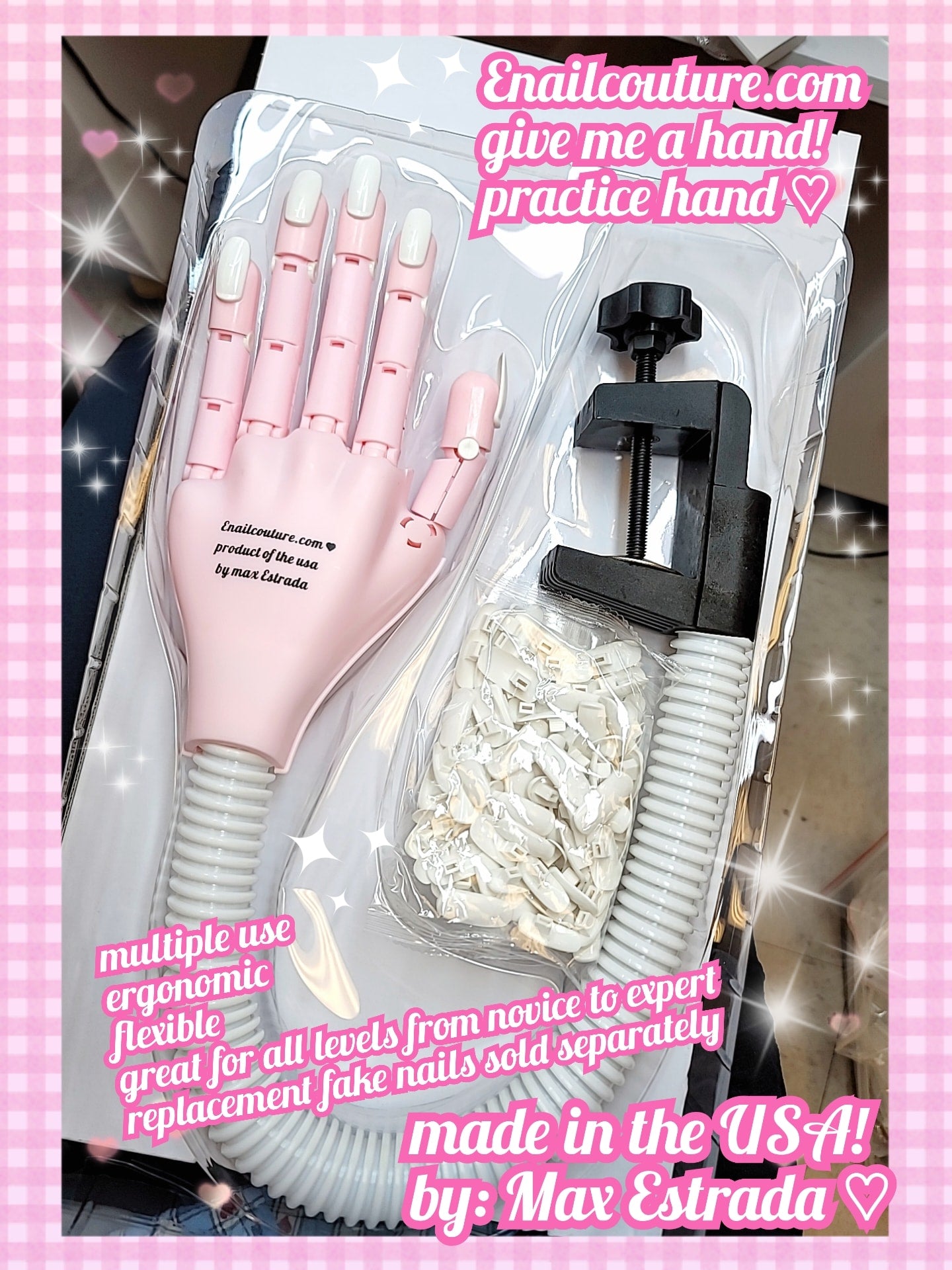 Give me a hand, Practice Hand! (Practice Hand for Acrylic Nails-Flexible White Pink Nail Mannequin Hands Kits- Movable False Fake Nail Practice Hand Training Manicure DIY Print Practice Tool)