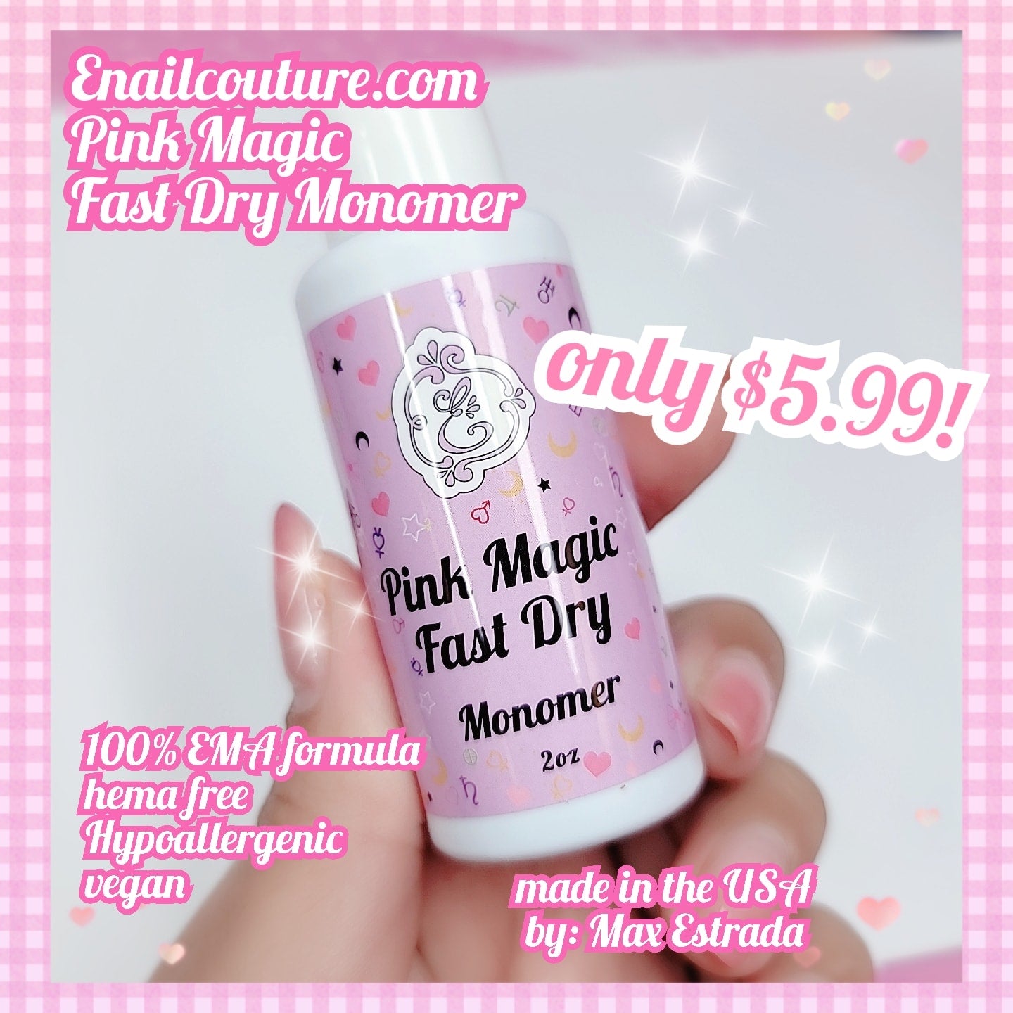 Pink Magic Fast Dry Monomer (Acrylic Liquid Monomer Acrylic Nail Liquid 2 OZ. for Doing Acrylic Nails Nail Extension Nail Art Non-Yellow)