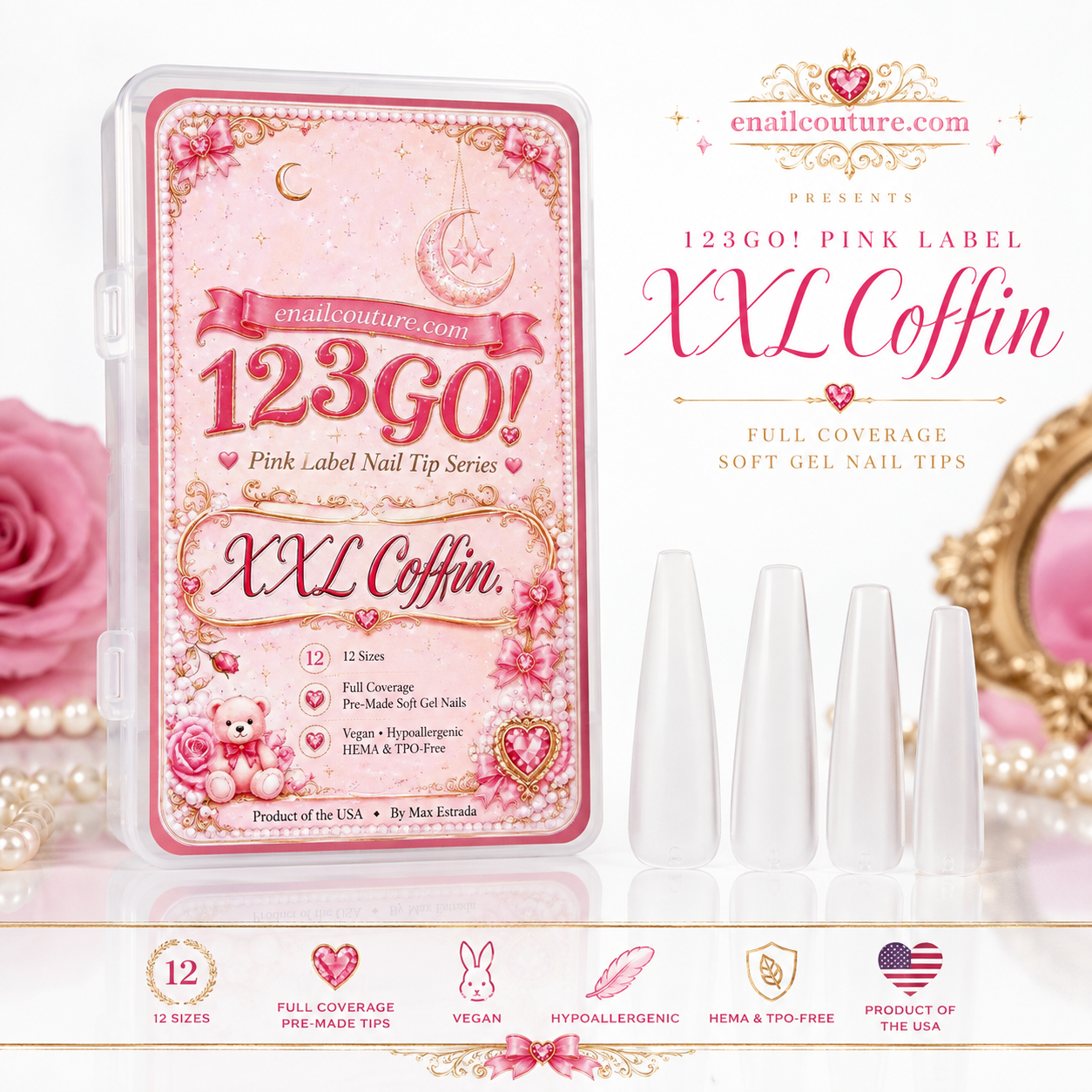 123GO! Pink Label XXL Coffin Soft Gel Nail Tips | Max Flex Technology