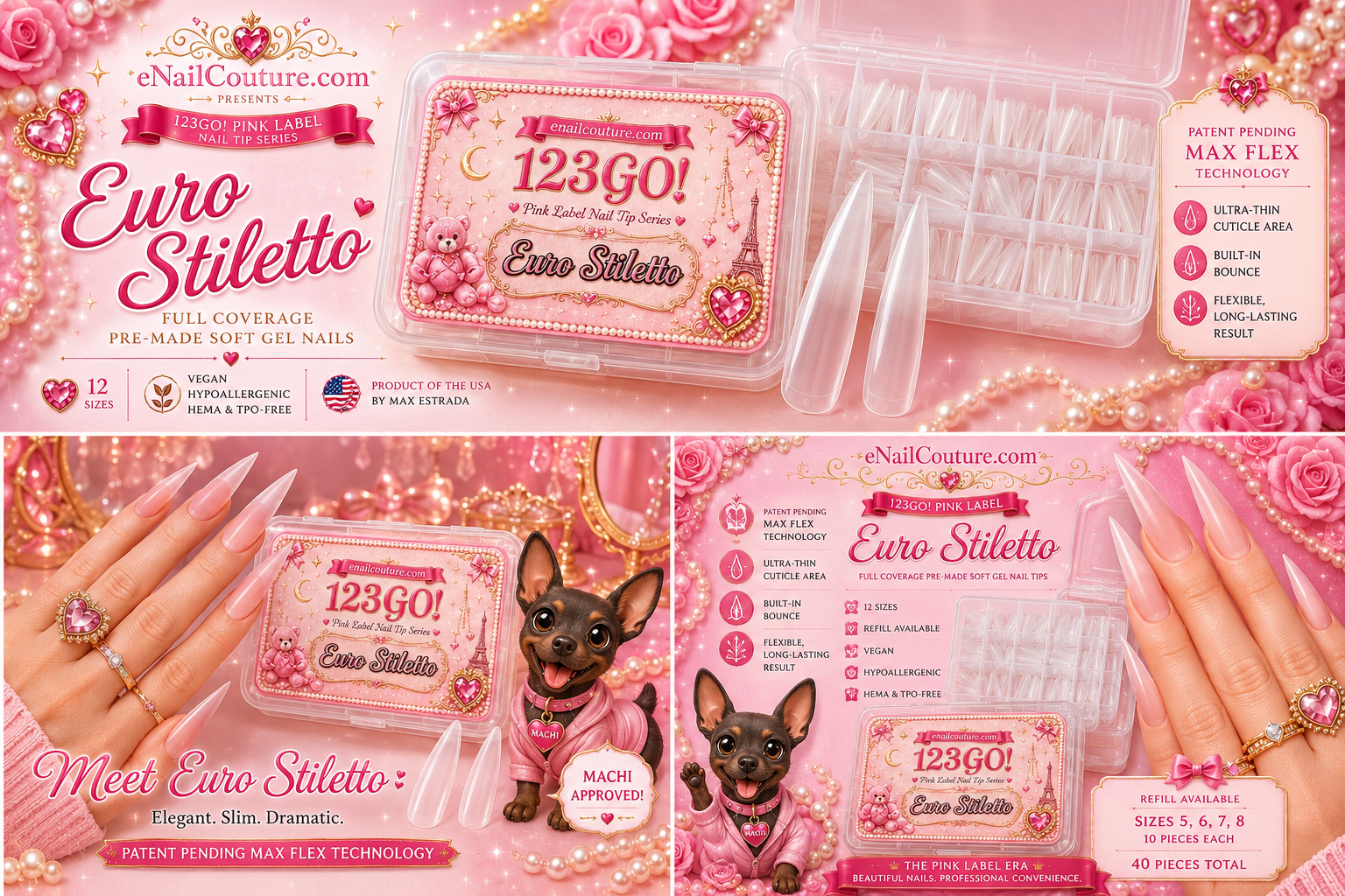 123GO! Pink Label Euro Stiletto Soft Gel Nail Tips | Max Flex Technology