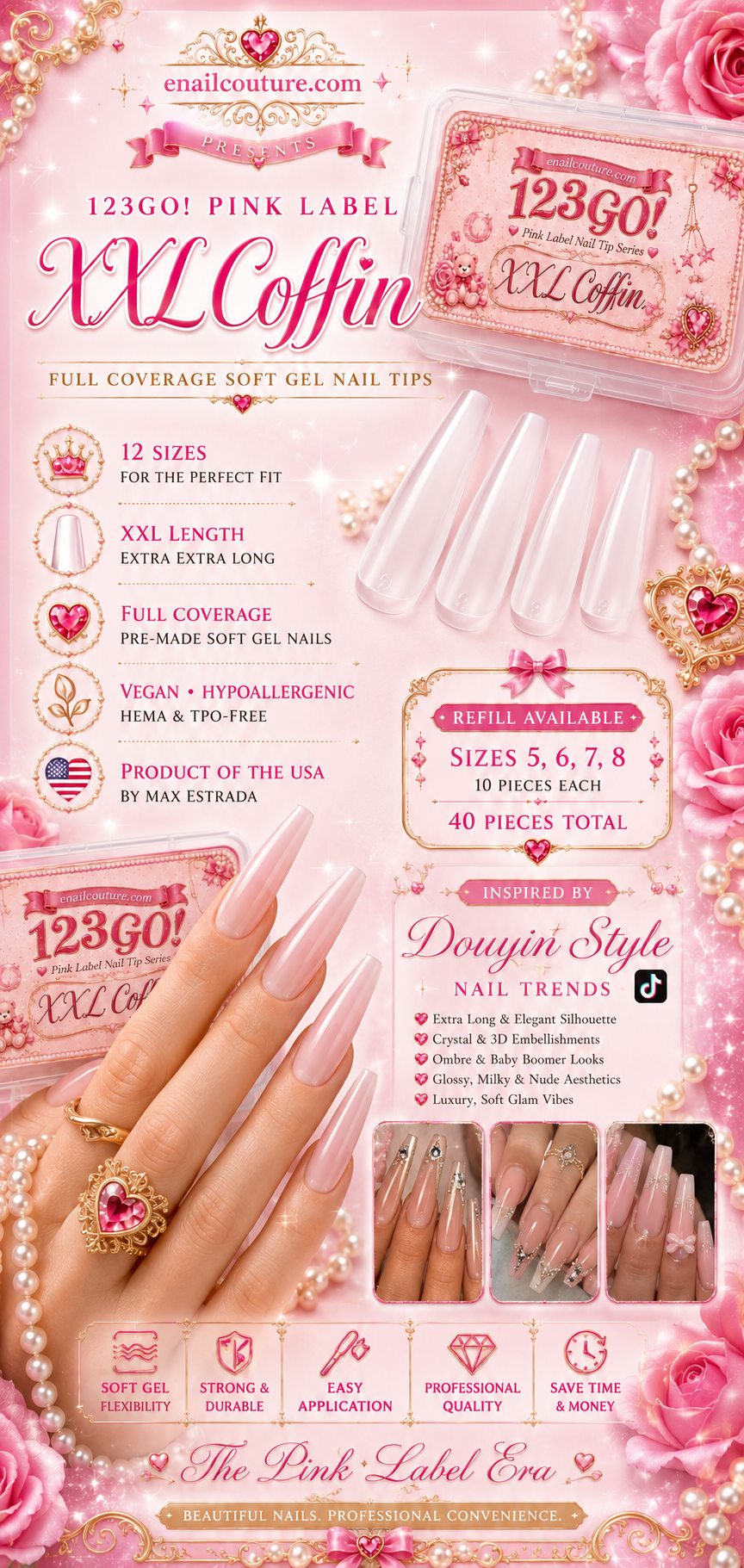 123GO! Pink Label XXL Coffin Soft Gel Nail Tips | Max Flex Technology