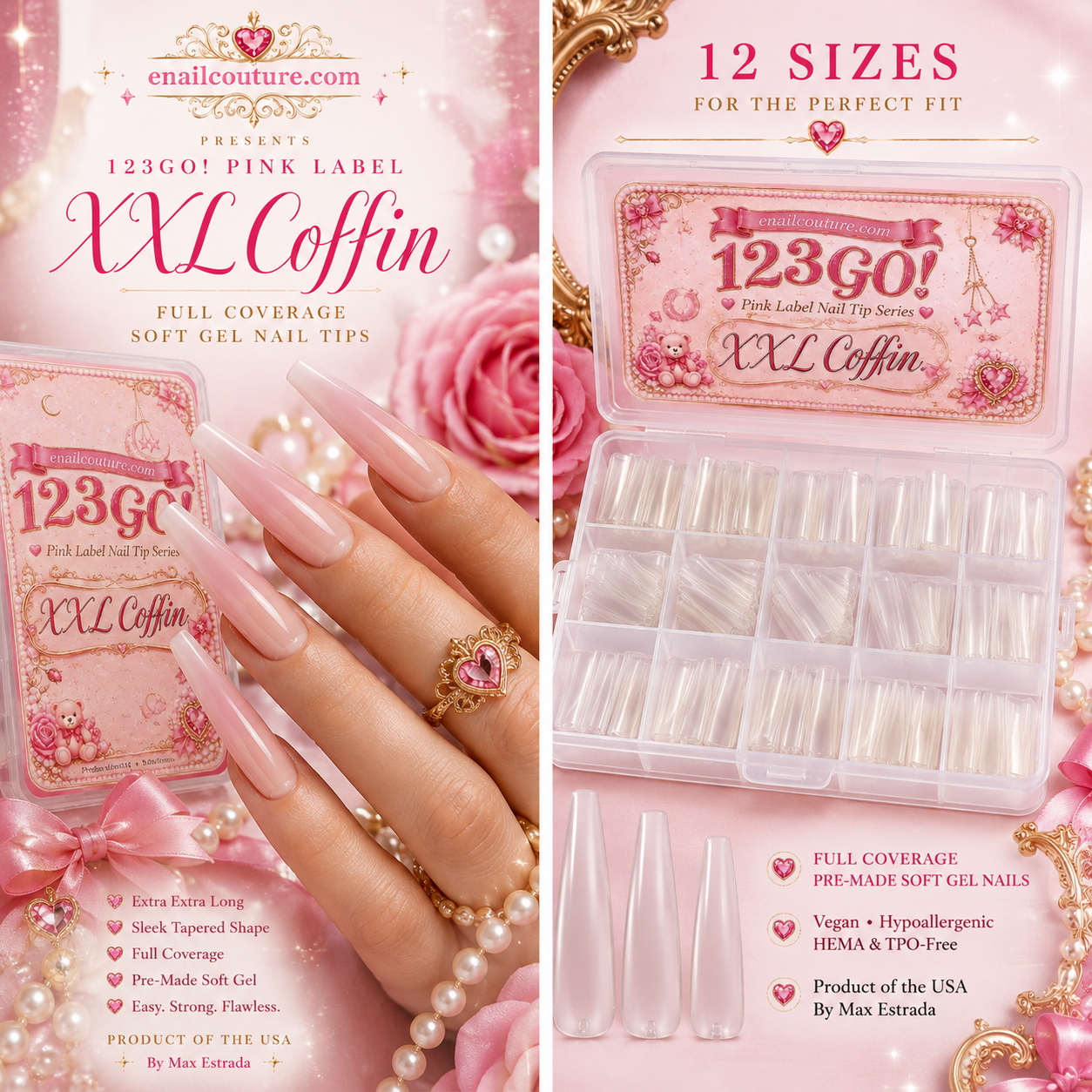 123GO! Pink Label XXL Coffin Soft Gel Nail Tips | Max Flex Technology