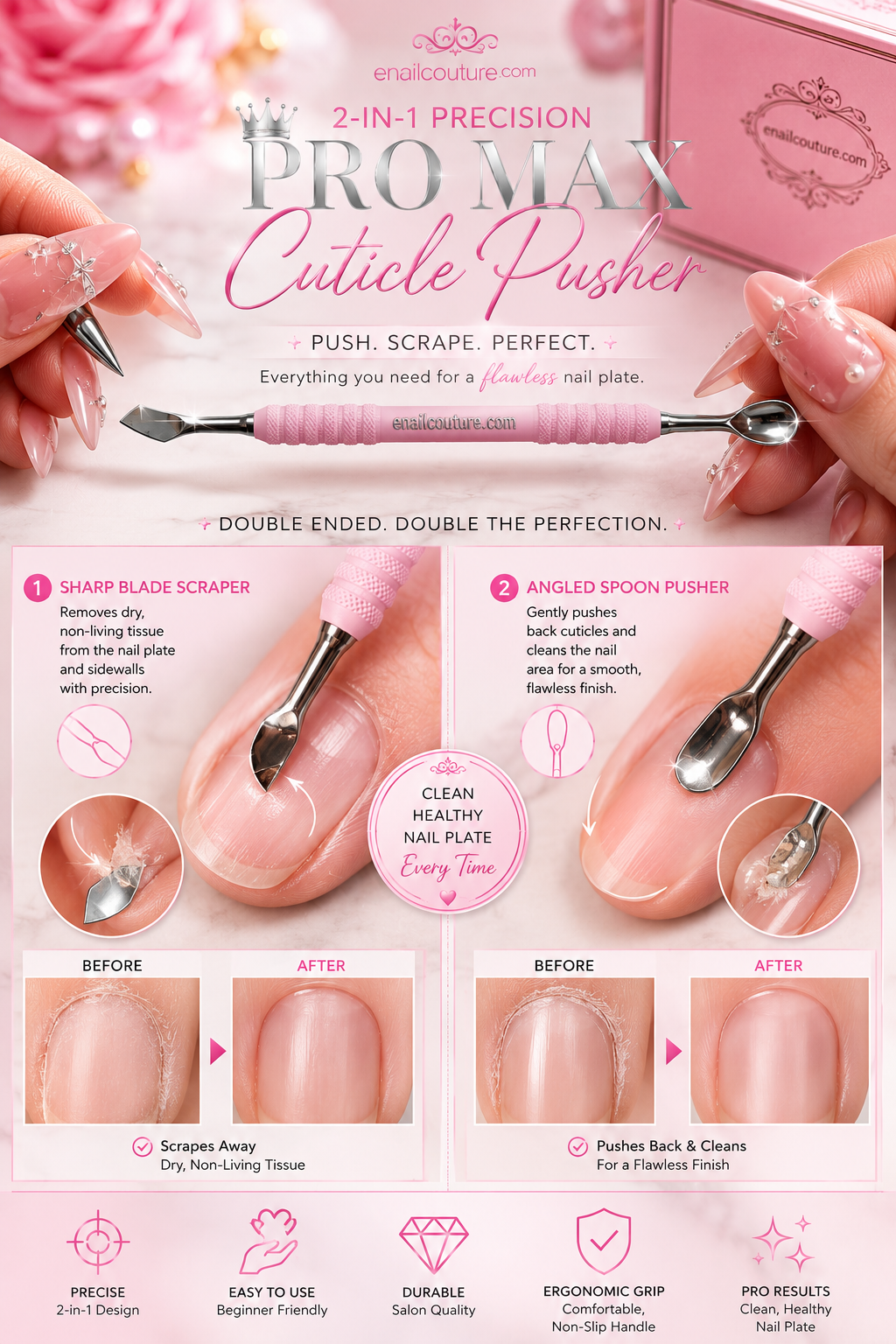 Pro Max Pink Double-Ended Cuticle Pusher | eNailCouture