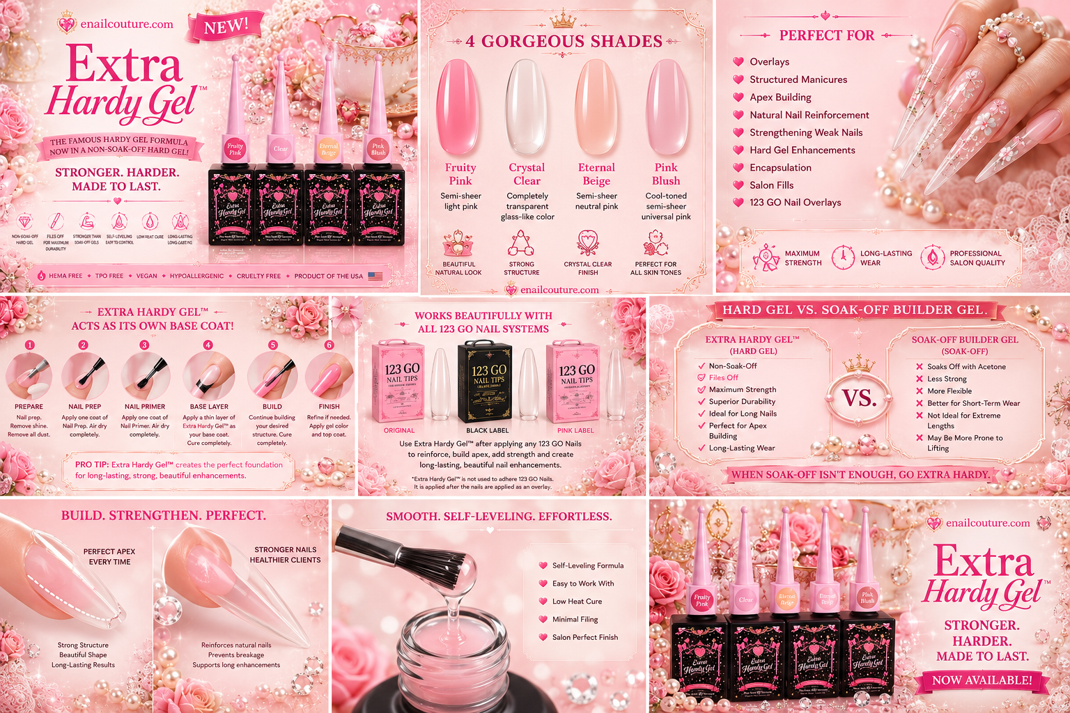 Extra Hardy Gel™ | Non-Soak-Off Hard Builder Gel | Crystal Clear, Fruity Pink, Eternal Beige & Pink Blush | 15 mL