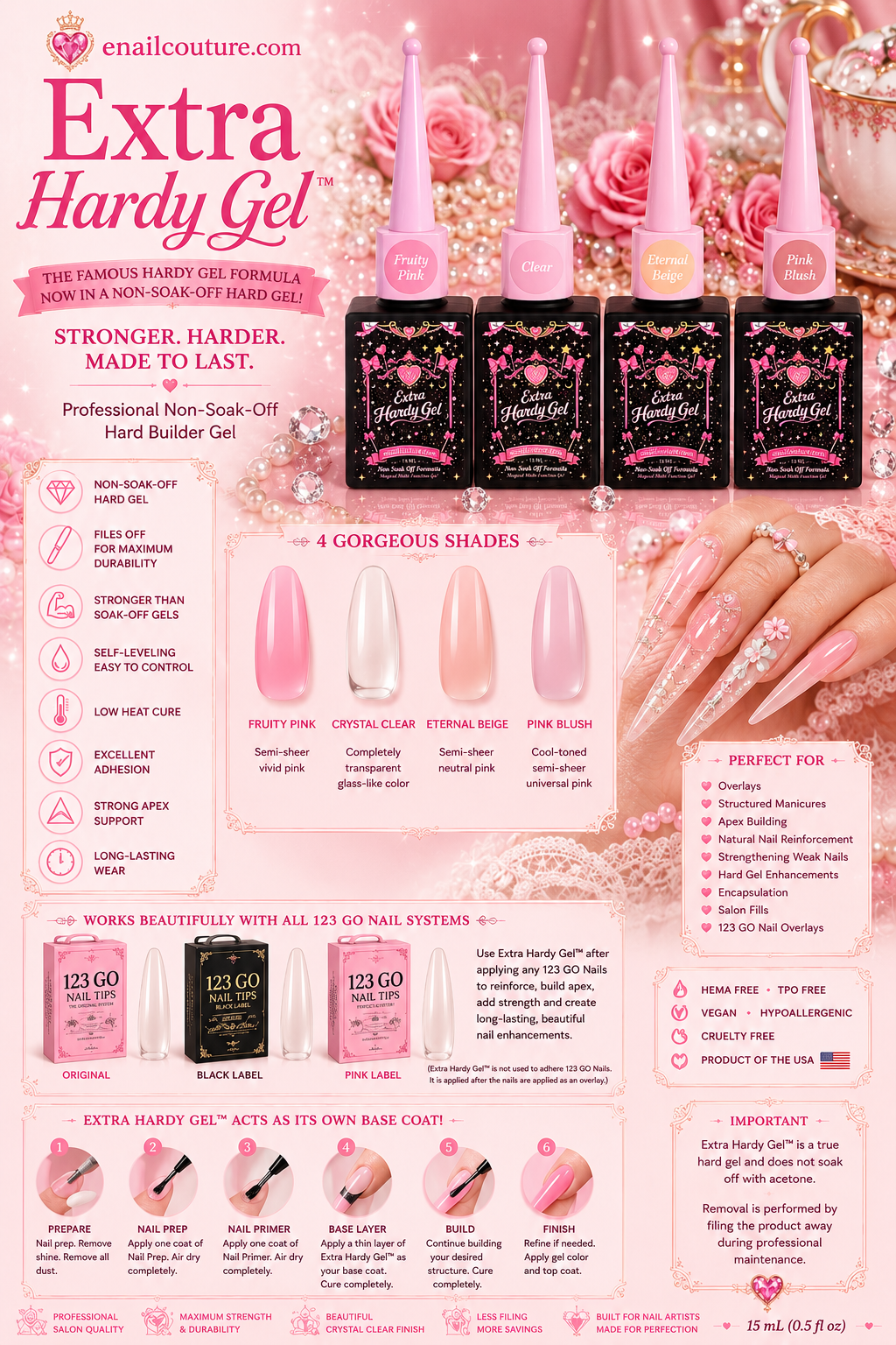 Extra Hardy Gel™ | Non-Soak-Off Hard Builder Gel | Crystal Clear, Fruity Pink, Eternal Beige & Pink Blush | 15 mL