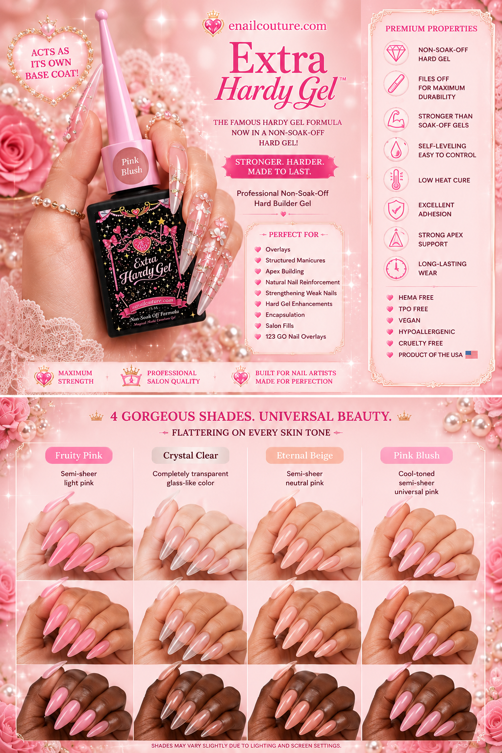 Extra Hardy Gel™ | Non-Soak-Off Hard Builder Gel | Crystal Clear, Fruity Pink, Eternal Beige & Pink Blush | 15 mL