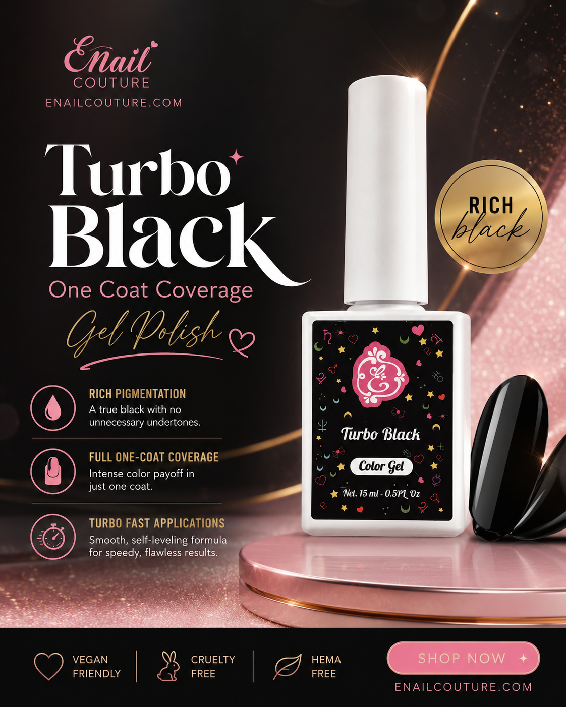 Turbo Black One Coat Coverage Gel Polish 15ml | eNailCouture