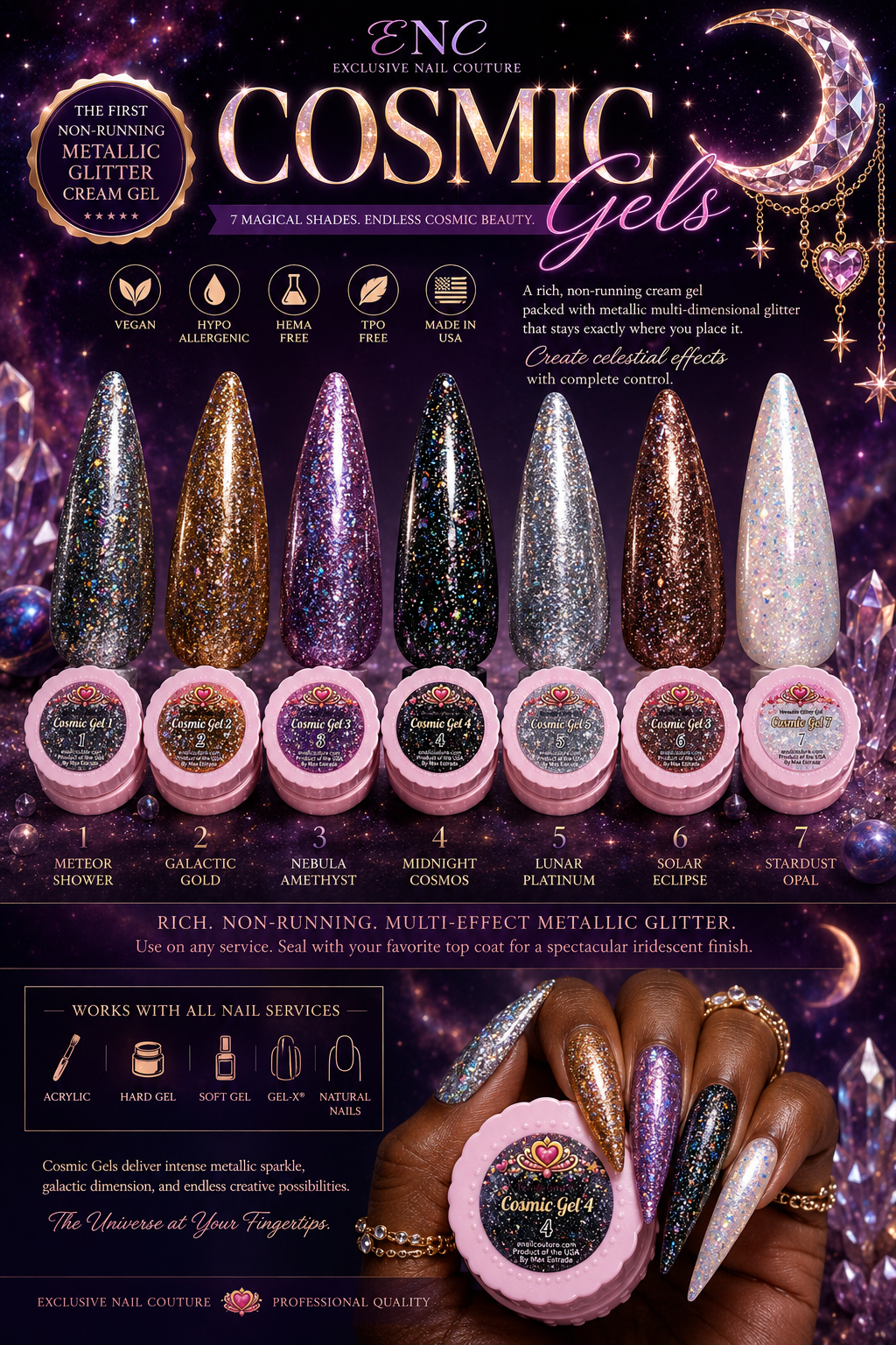 Cosmic Gels Collection | Non-Running Metallic Glitter Cream Gel | Exclusive Nail Couture
