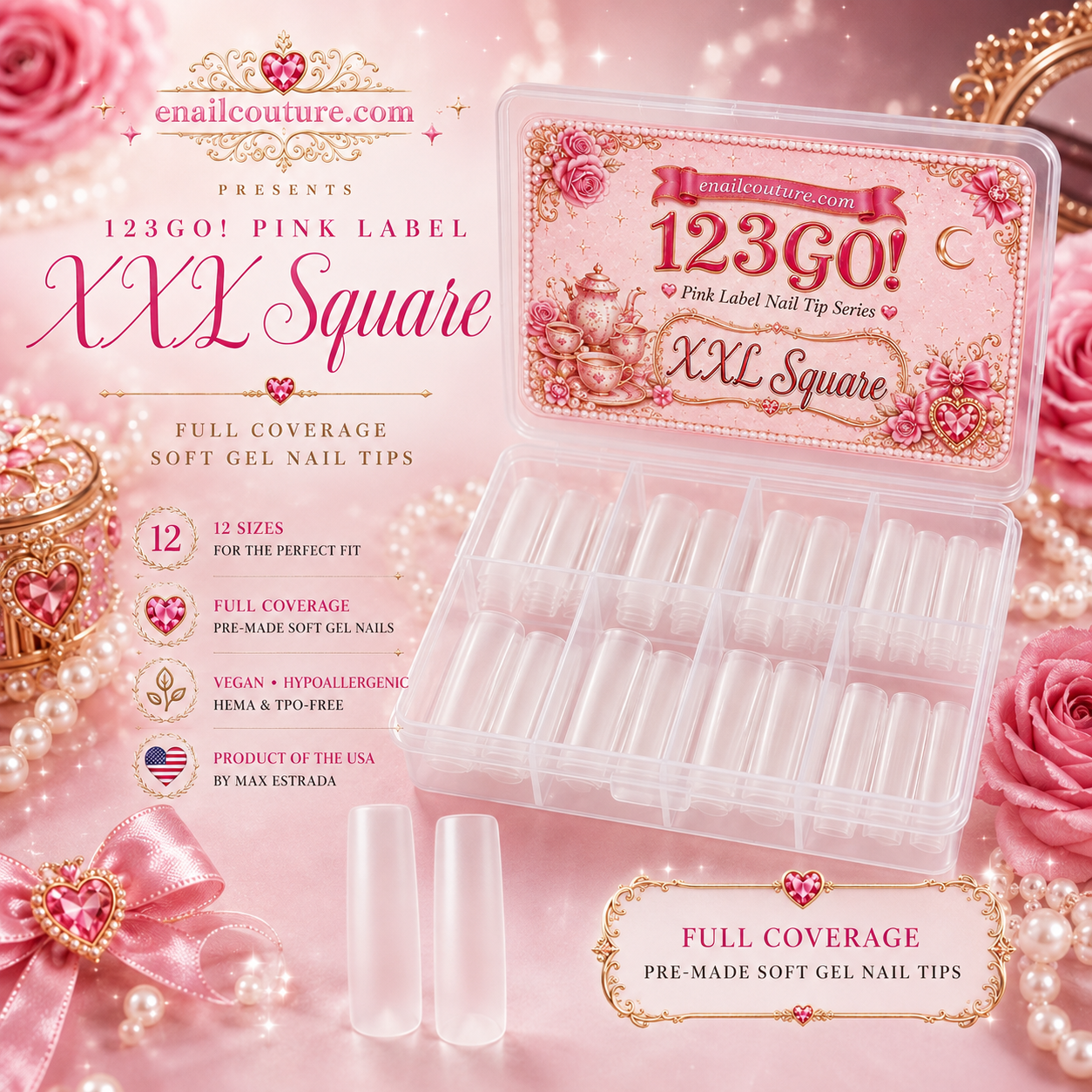 123GO! Pink Label XXL Square Soft Gel Nail Tips | Max Flex Technology
