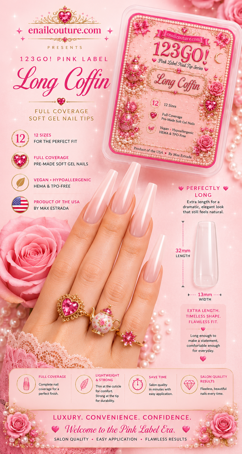 123GO! Pink Label Long Coffin Soft Gel Nail Tips | Max Flex Technology