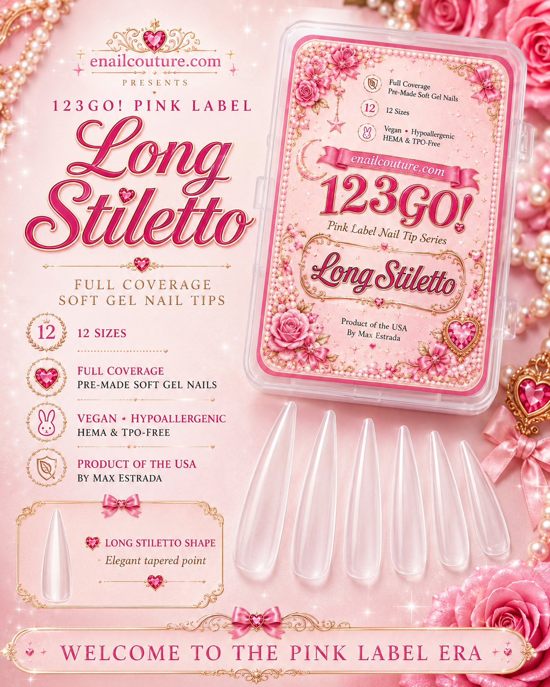 123GO! Pink Label Long Stiletto Soft Gel Nail Tips | Max Flex Technology