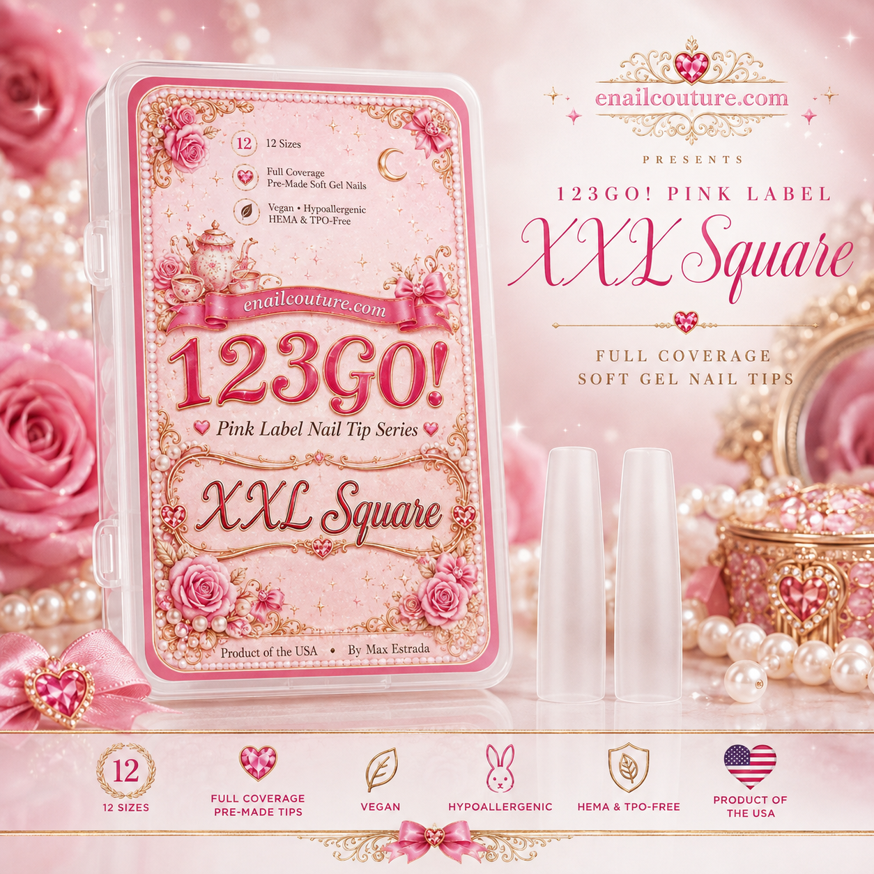 123GO! Pink Label XXL Square Soft Gel Nail Tips | Max Flex Technology