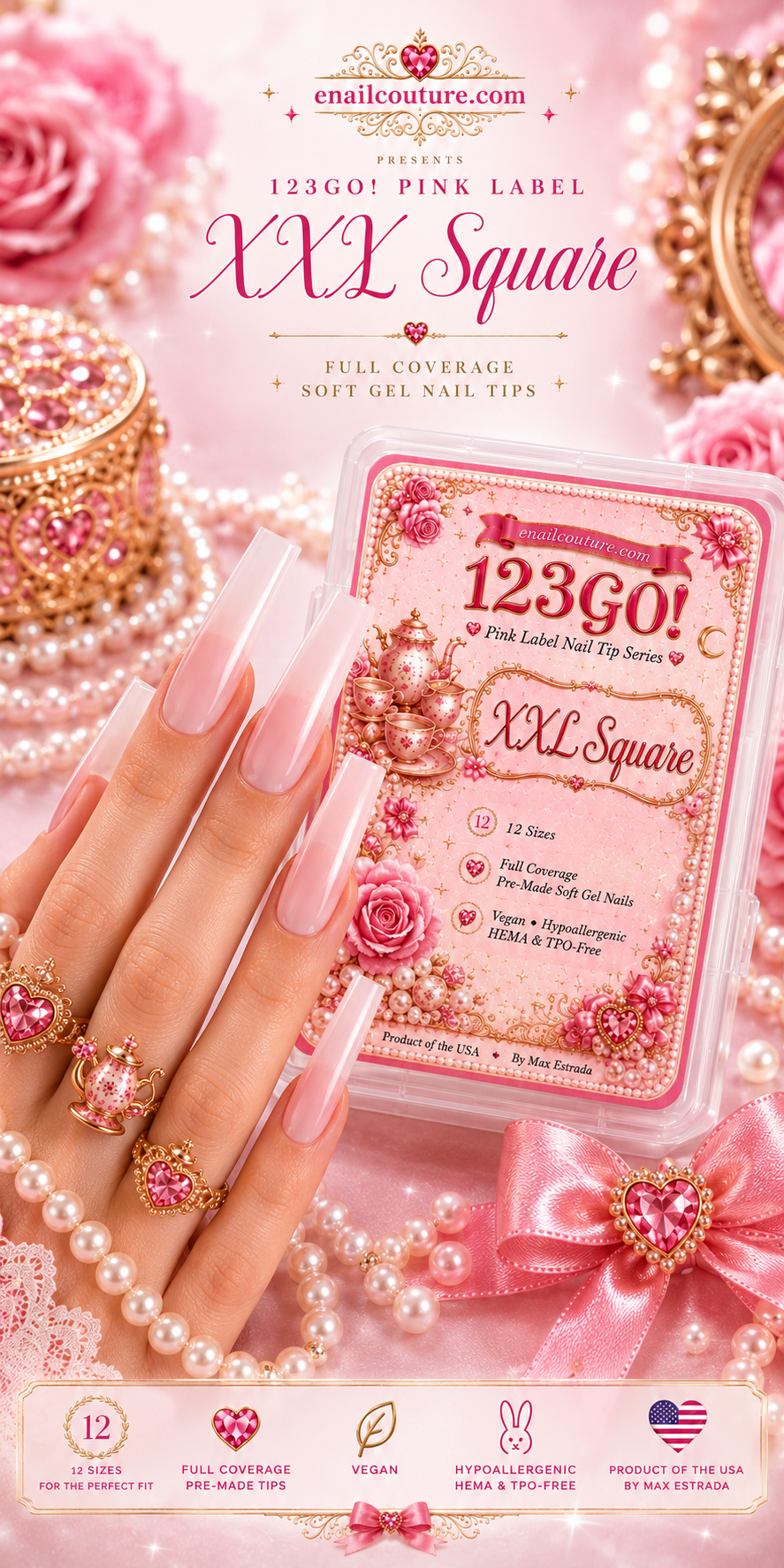 123GO! Pink Label XXL Square Soft Gel Nail Tips | Max Flex Technology