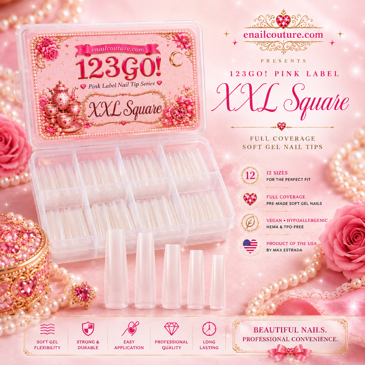 123GO! Pink Label XXL Square Soft Gel Nail Tips | Max Flex Technology
