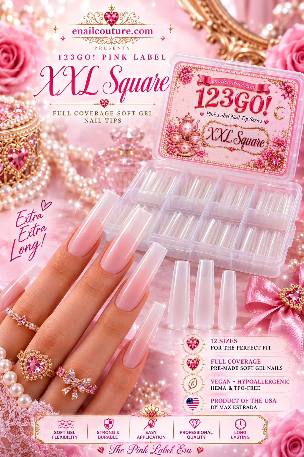 123GO! Pink Label XXL Square Soft Gel Nail Tips | Max Flex Technology