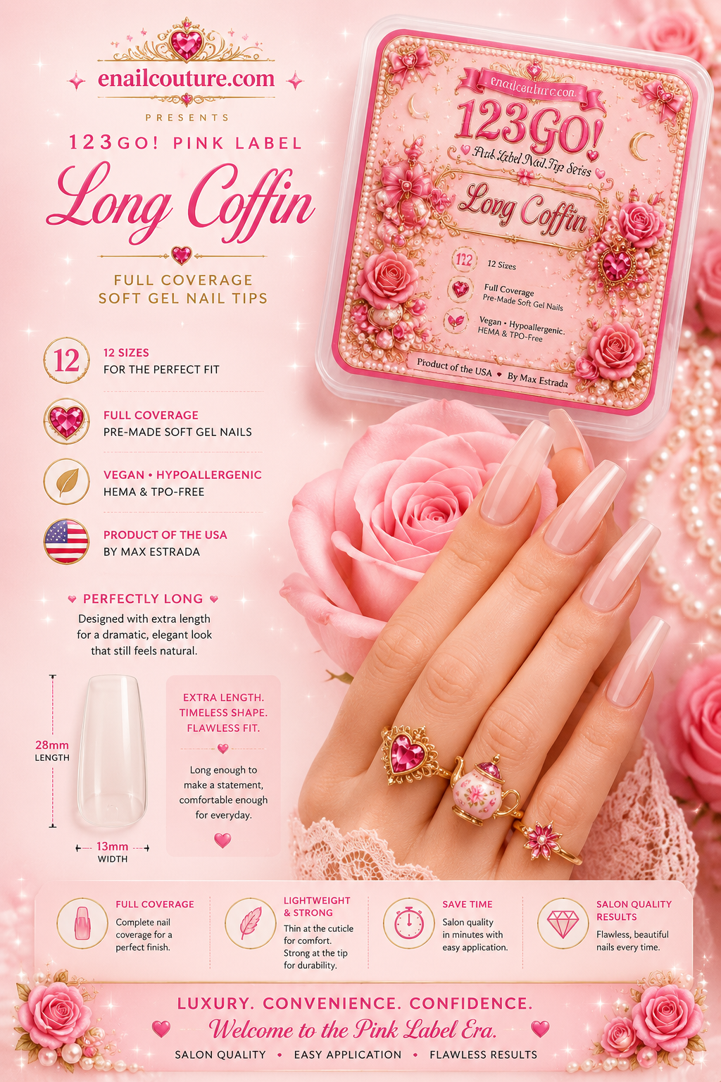 123GO! Pink Label Long Coffin Soft Gel Nail Tips | Max Flex Technology