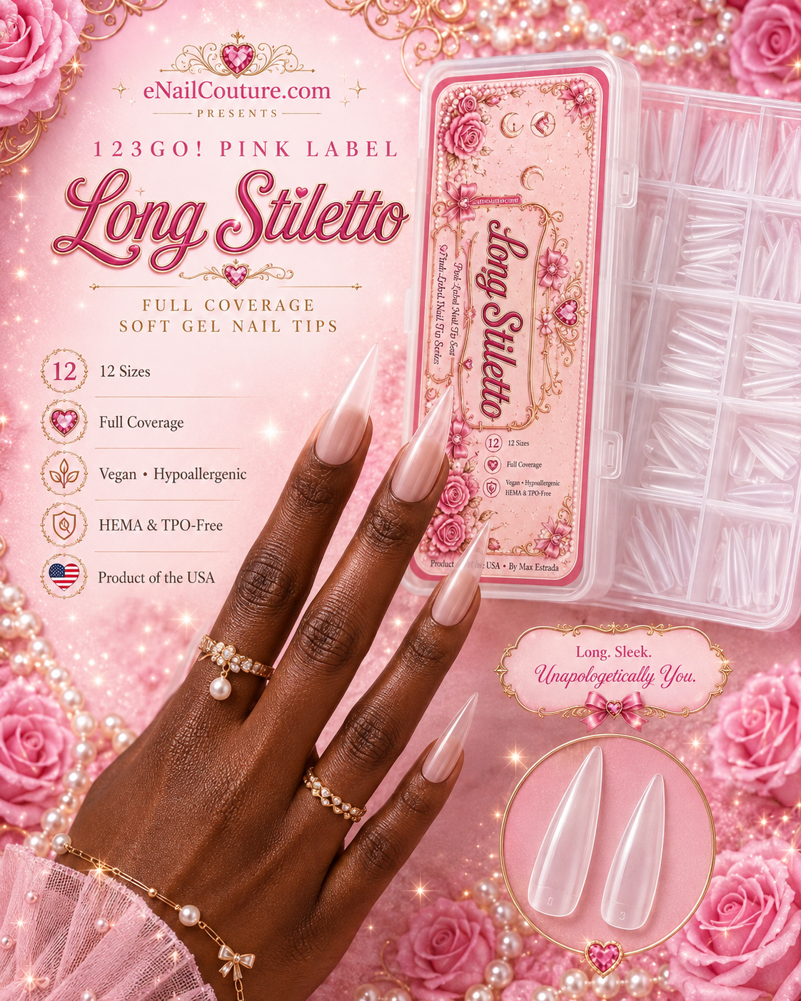 123GO! Pink Label Long Stiletto Soft Gel Nail Tips | Max Flex Technology
