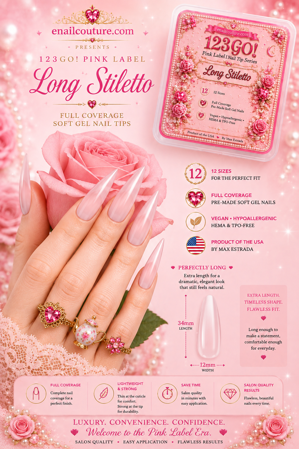 123GO! Pink Label Long Stiletto Soft Gel Nail Tips | Max Flex Technology