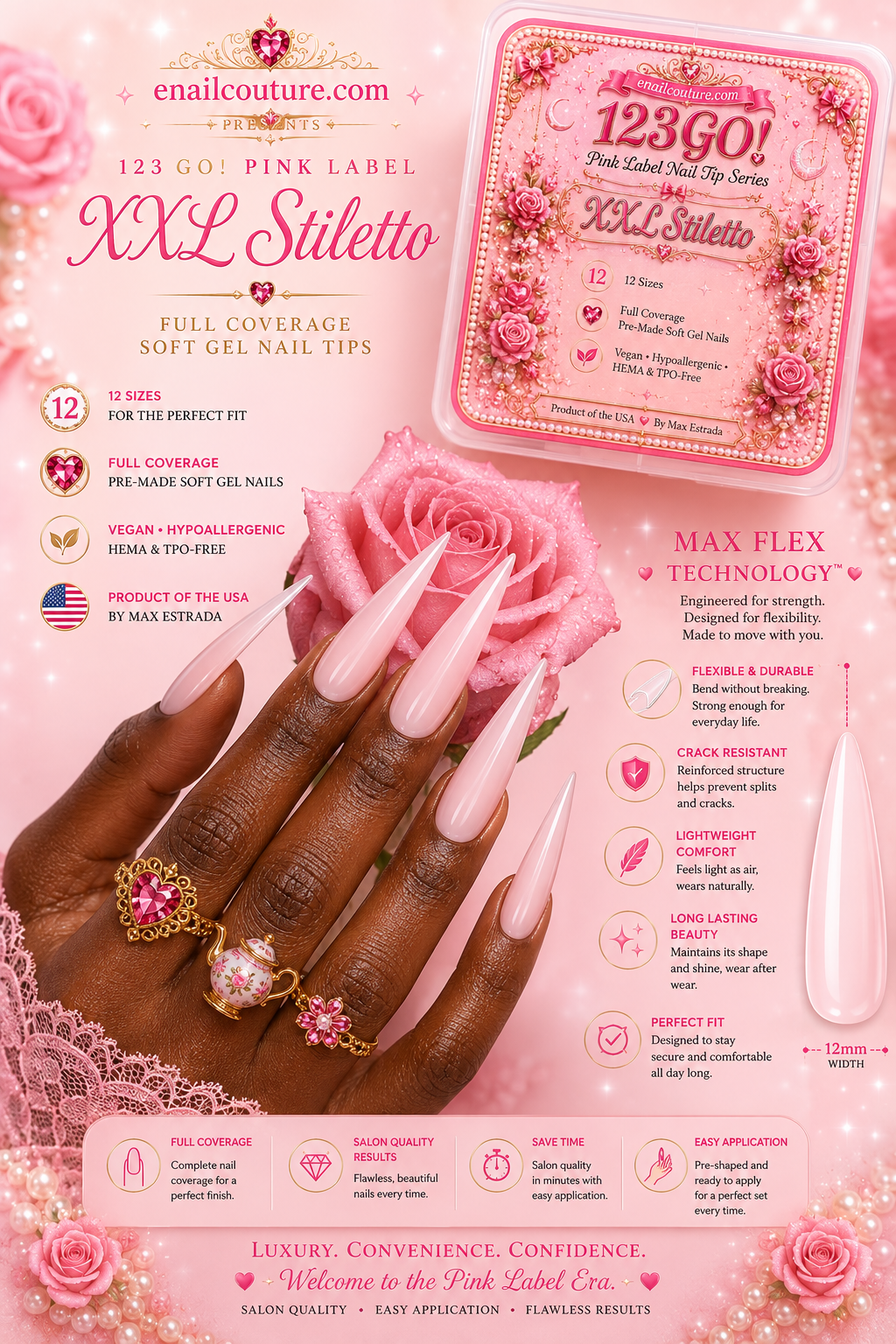 123GO! Pink Label XXL Stiletto Soft Gel Nail Tips | Max Flex Technology